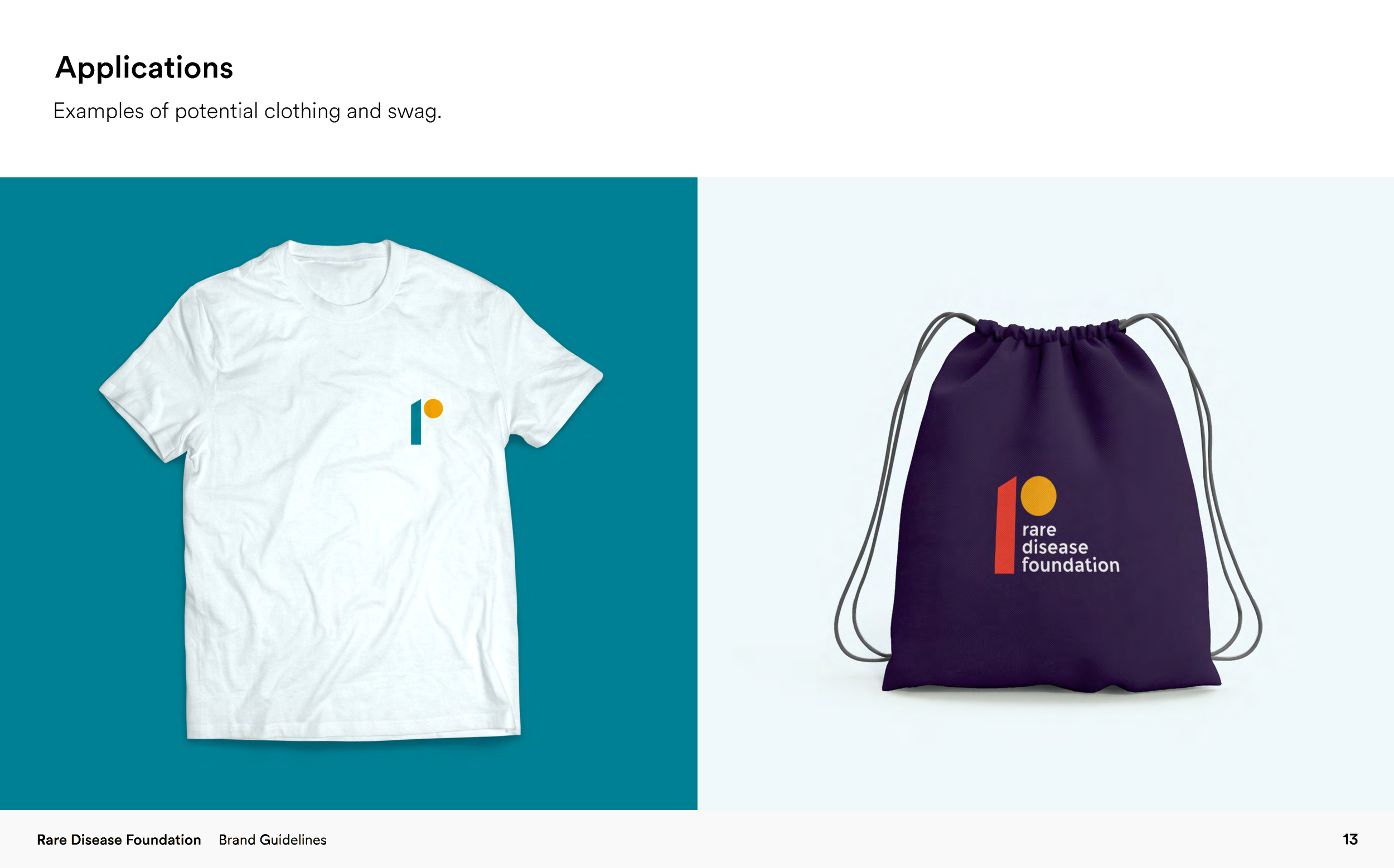 Brand guidelines for Rare Disease Foundation showing a white t-shirt and a navy drawstring bag, both featuring the foundation's logo with a red vertical line, a yellow circle, and lowercase text.