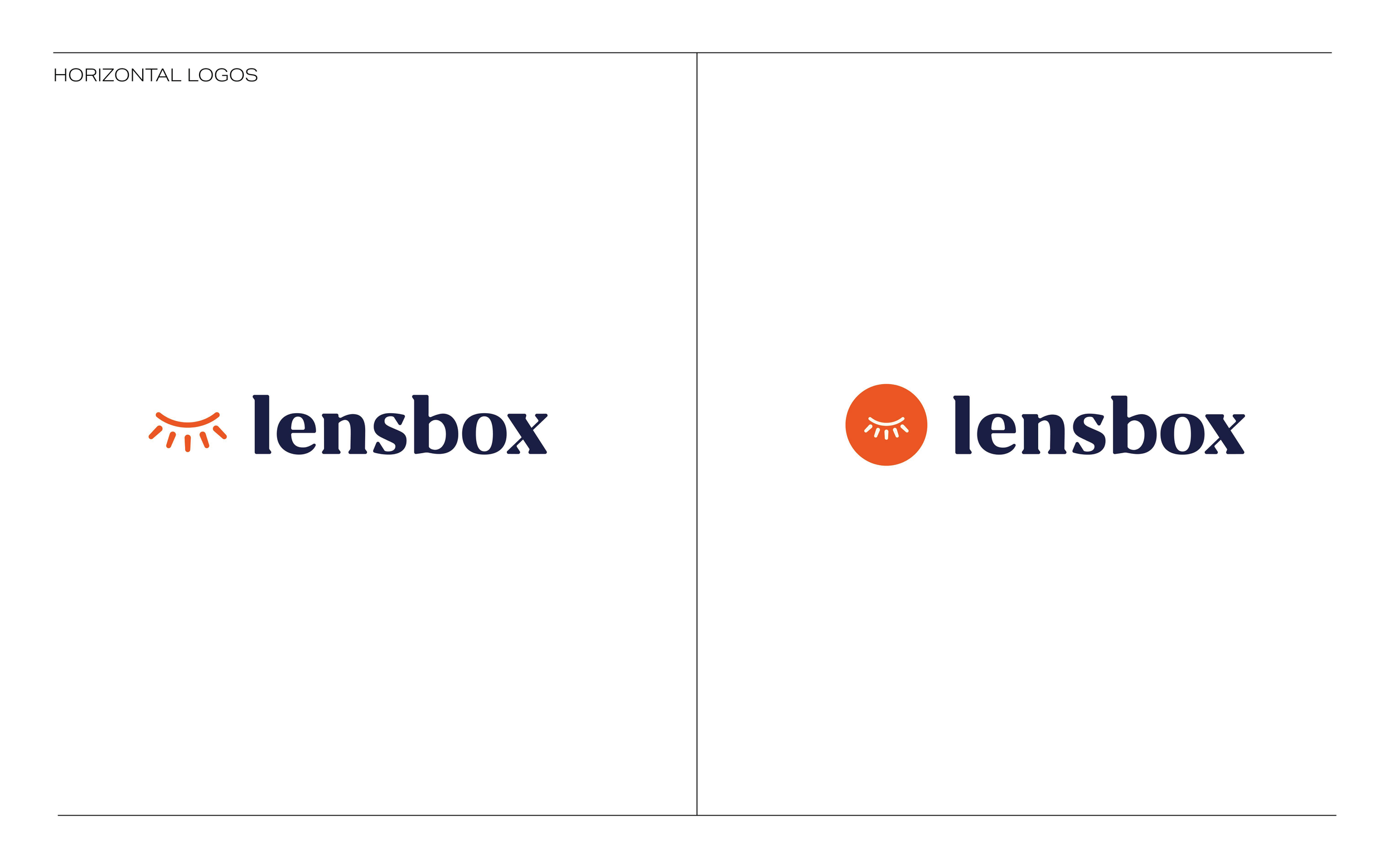 Comparison of two versions of the Lensbox logo, one with a sun-like icon on the left and one with an enclosed eye icon on the left, both featuring the text 'lensbox' in dark blue.