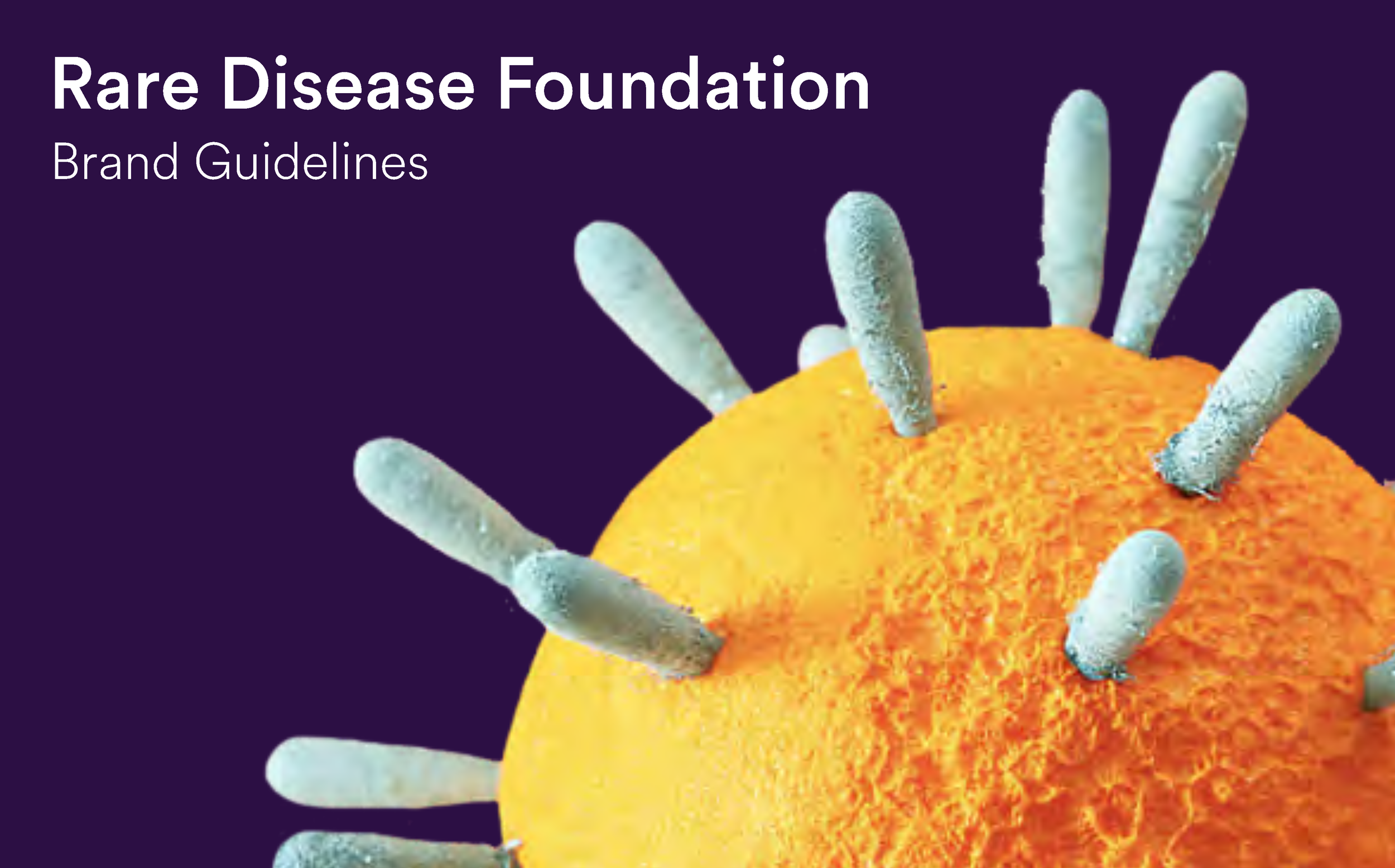 Cover page of a document titled 'Rare Disease Foundation Brand Guidelines' with a close-up illustration of a yellow-orange sphere with blue-green rod-shaped structures protruding from it, set against a dark purple background.