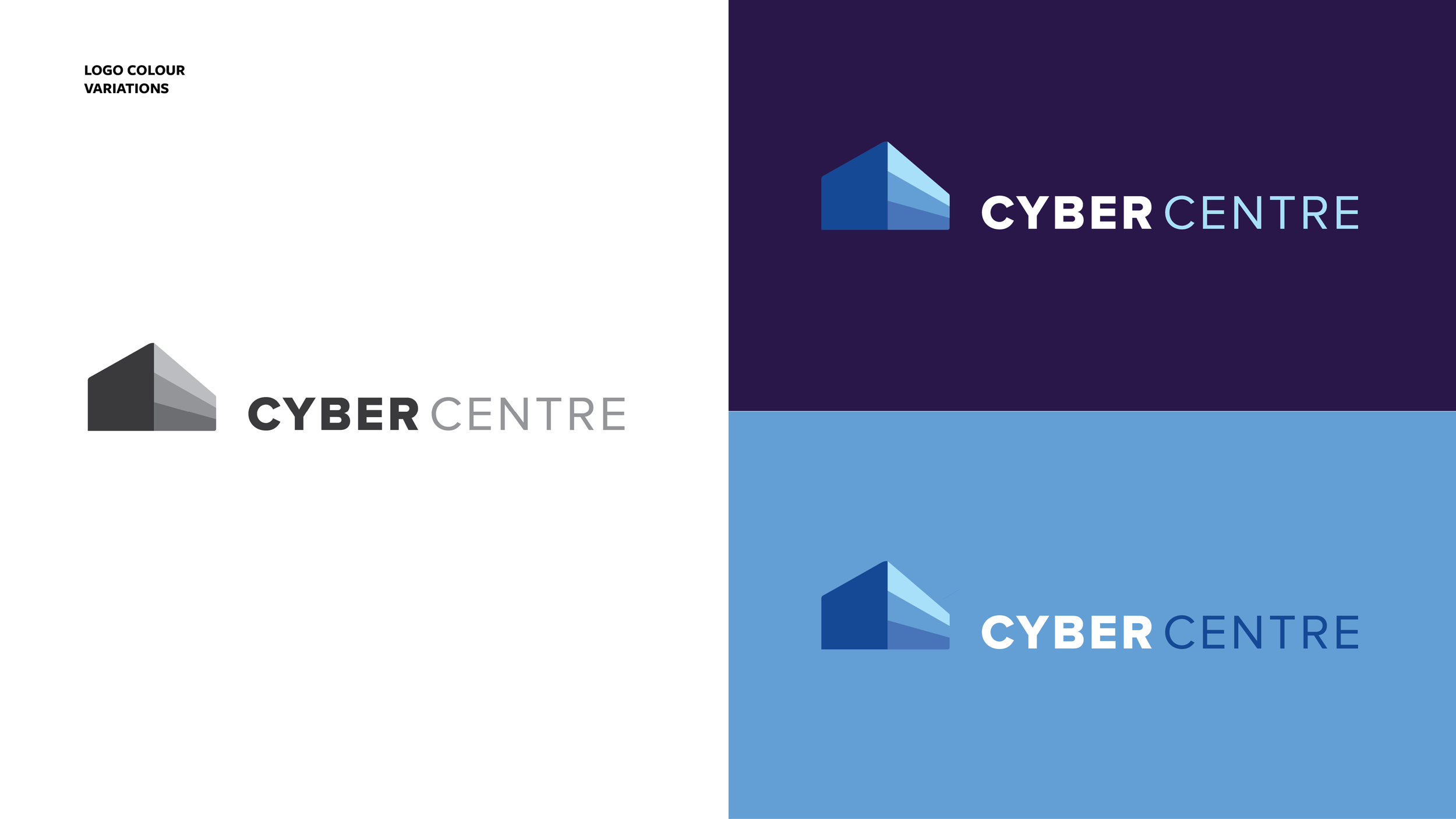 Various logo color variations of the Cyber Centre logo, featuring a stylized building icon in shades of blue and gray, and the text 'CYBER CENTRE' in different color schemes.