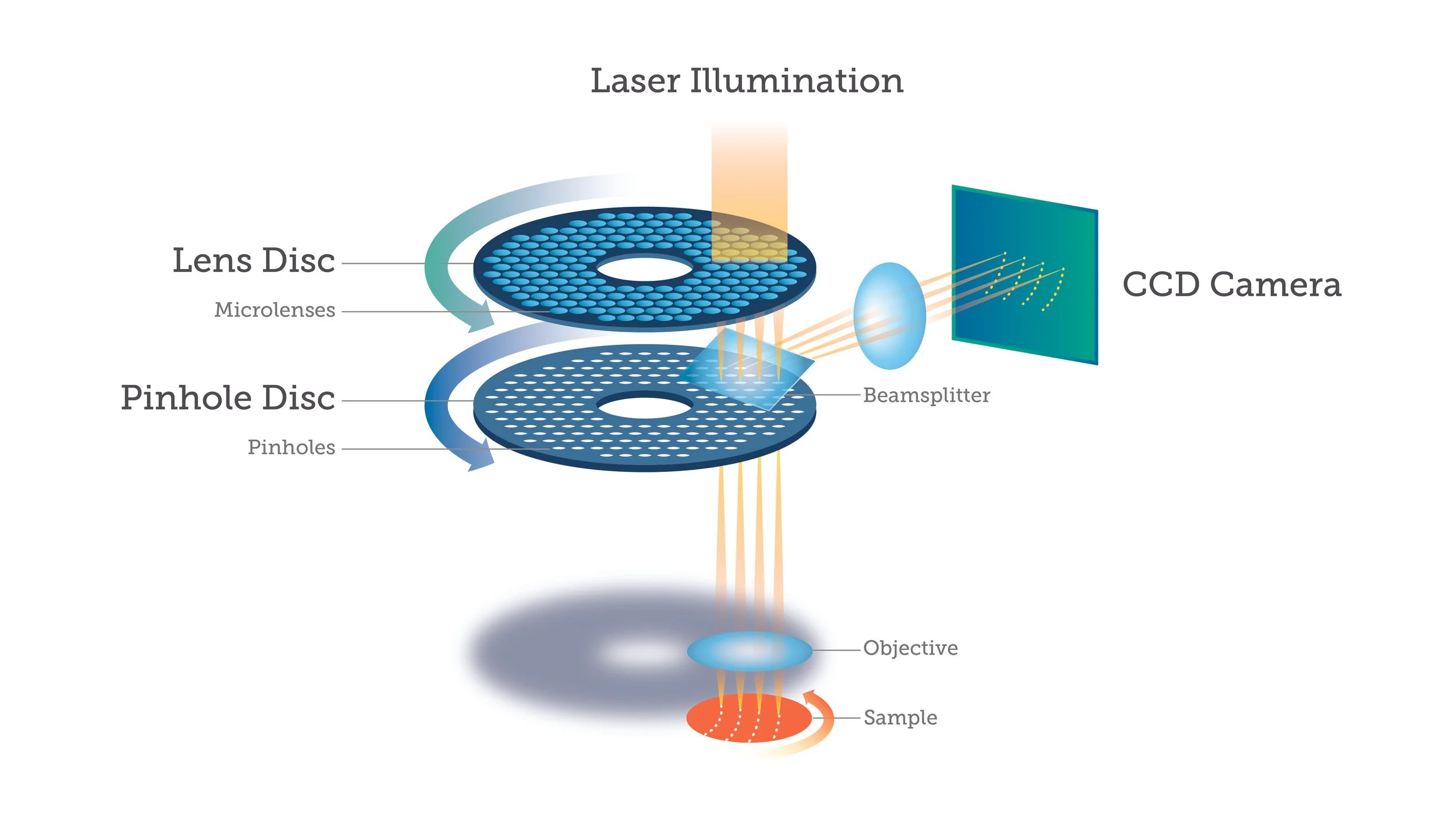 Diagram of laser illumination process showing a laser beam passing through a lens disc with microlenses and a pinhole disc with pinholes, then through a beamsplitter to a CCD camera, with labels for each component.