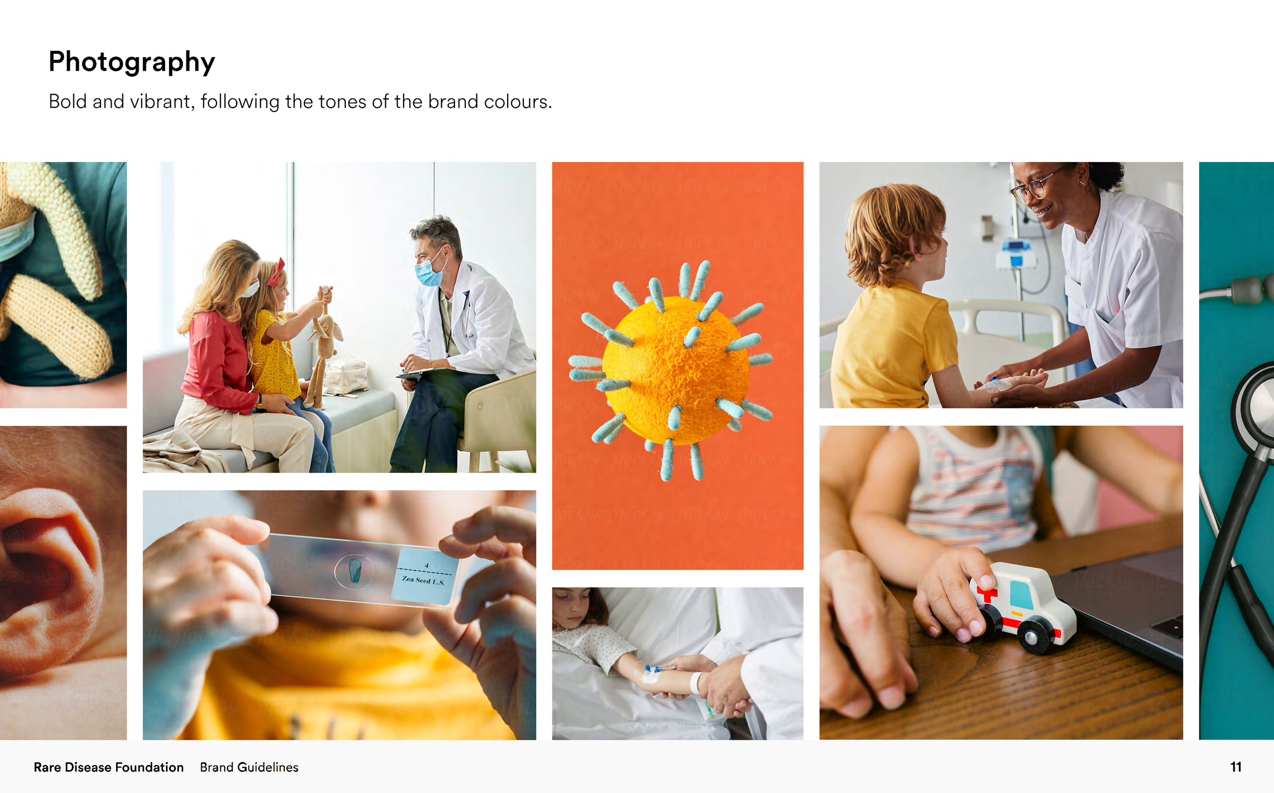 Collage of healthcare and pediatric scenes, including children with medical staff, a microscope, a temperature check, a toy ambulance, a stethoscope, and a close-up of a virus model.