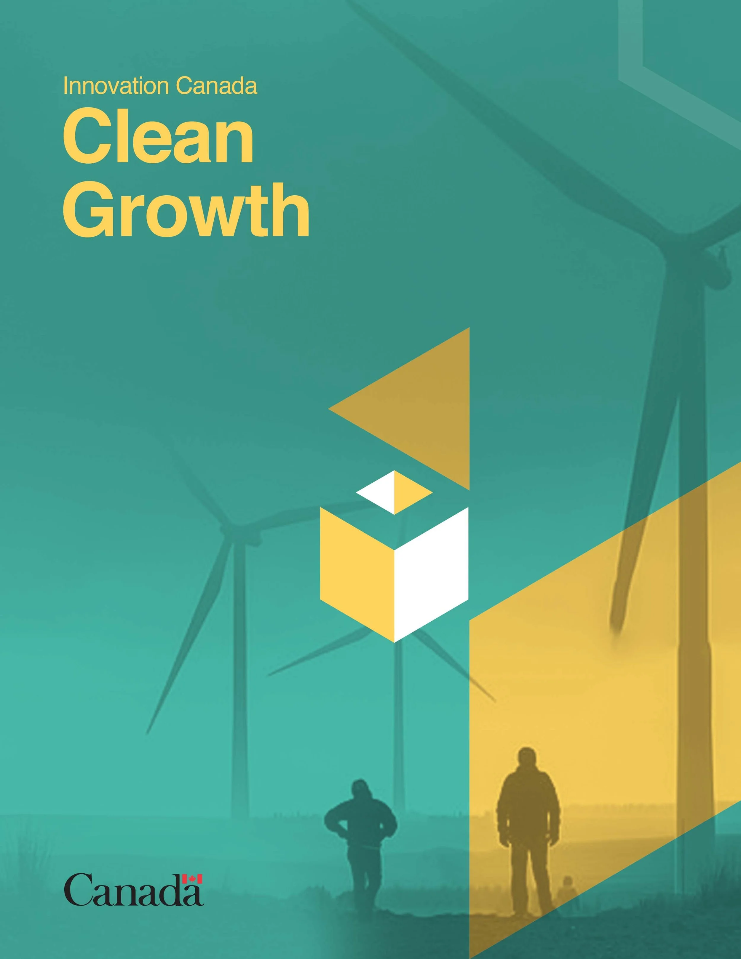 Cover page of a report titled 'Clean Growth' by Innovation Canada with wind turbines and two silhouetted people in a renewable energy setting.