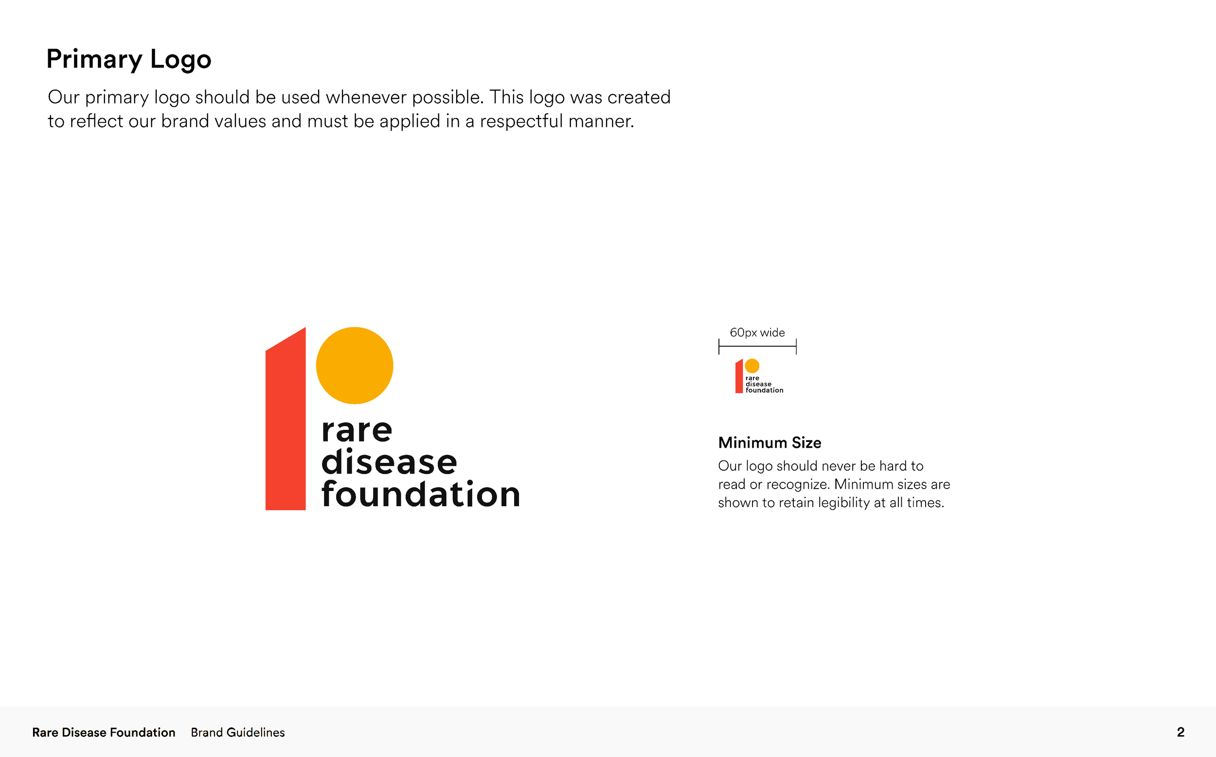 Design guidelines for the Rare Disease Foundation logo, showing the logo's size, spacing, and clear space requirements.