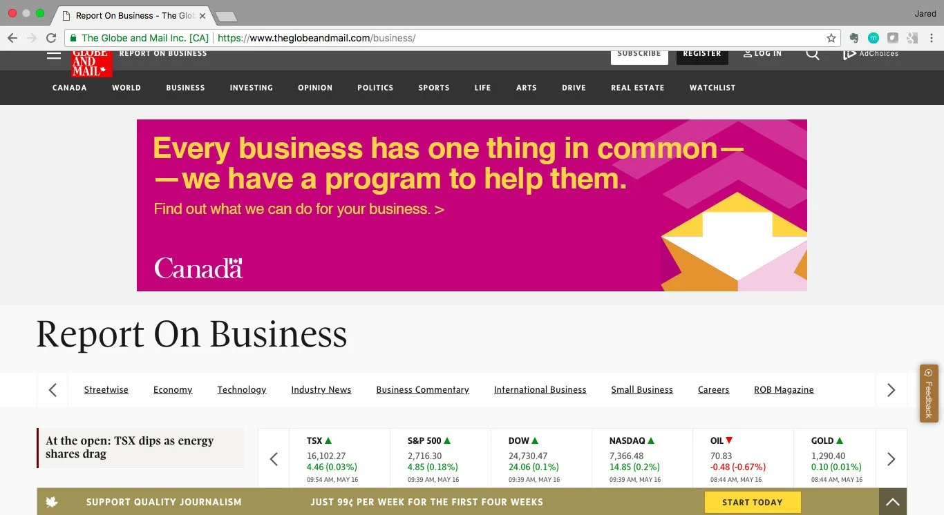 Screenshot of a webpage from The Globe and Mail's business section, with a purple banner advertising a program to help businesses and an article titled 'Report On Business'. The webpage features stock market indices and categories such as Economy, Te