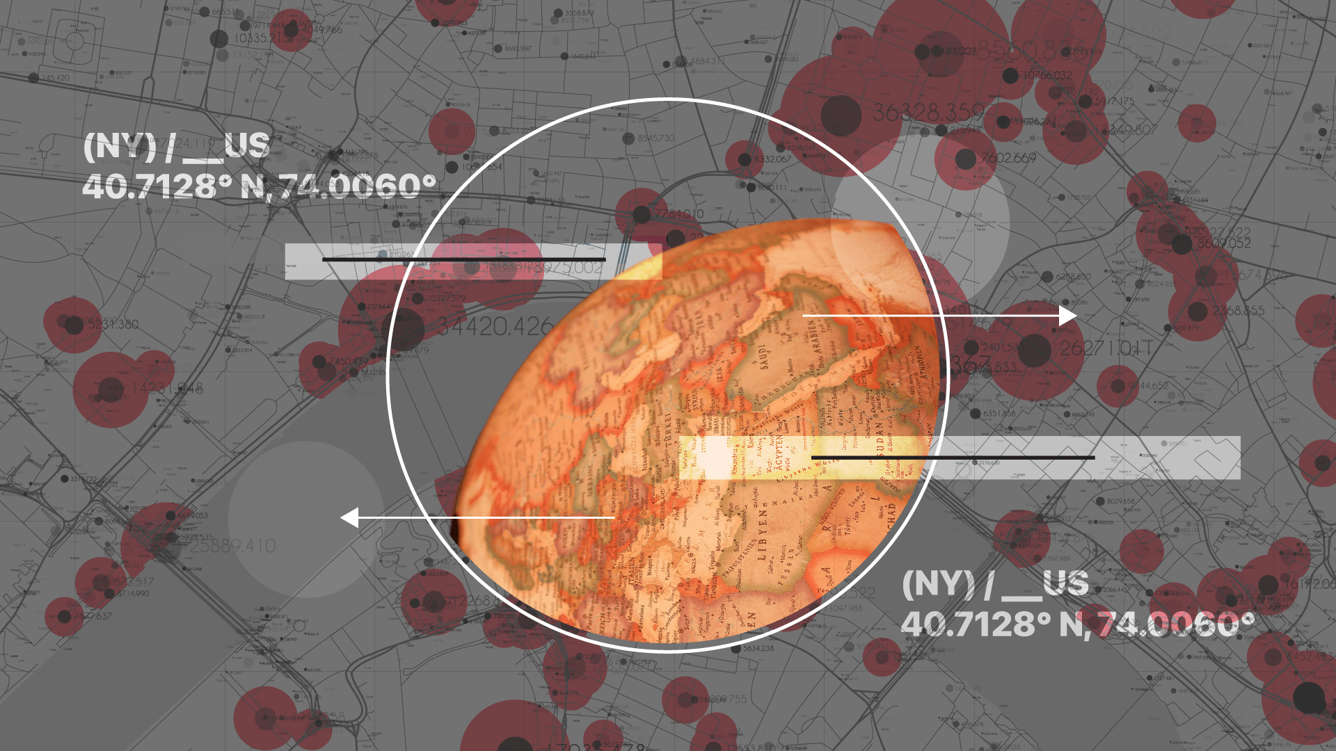 A digital map background with red and black circles indicating data points, overlaid with a semi-transparent globe centered on the United States, showing its geographical location and coordinates 40.7128° N, 74.0060° W. The map features white lines, 
