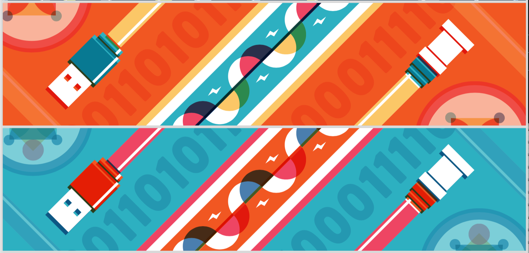 Two stylized illustrations of USB flash drives with colorful circuit patterns and binary code backgrounds.