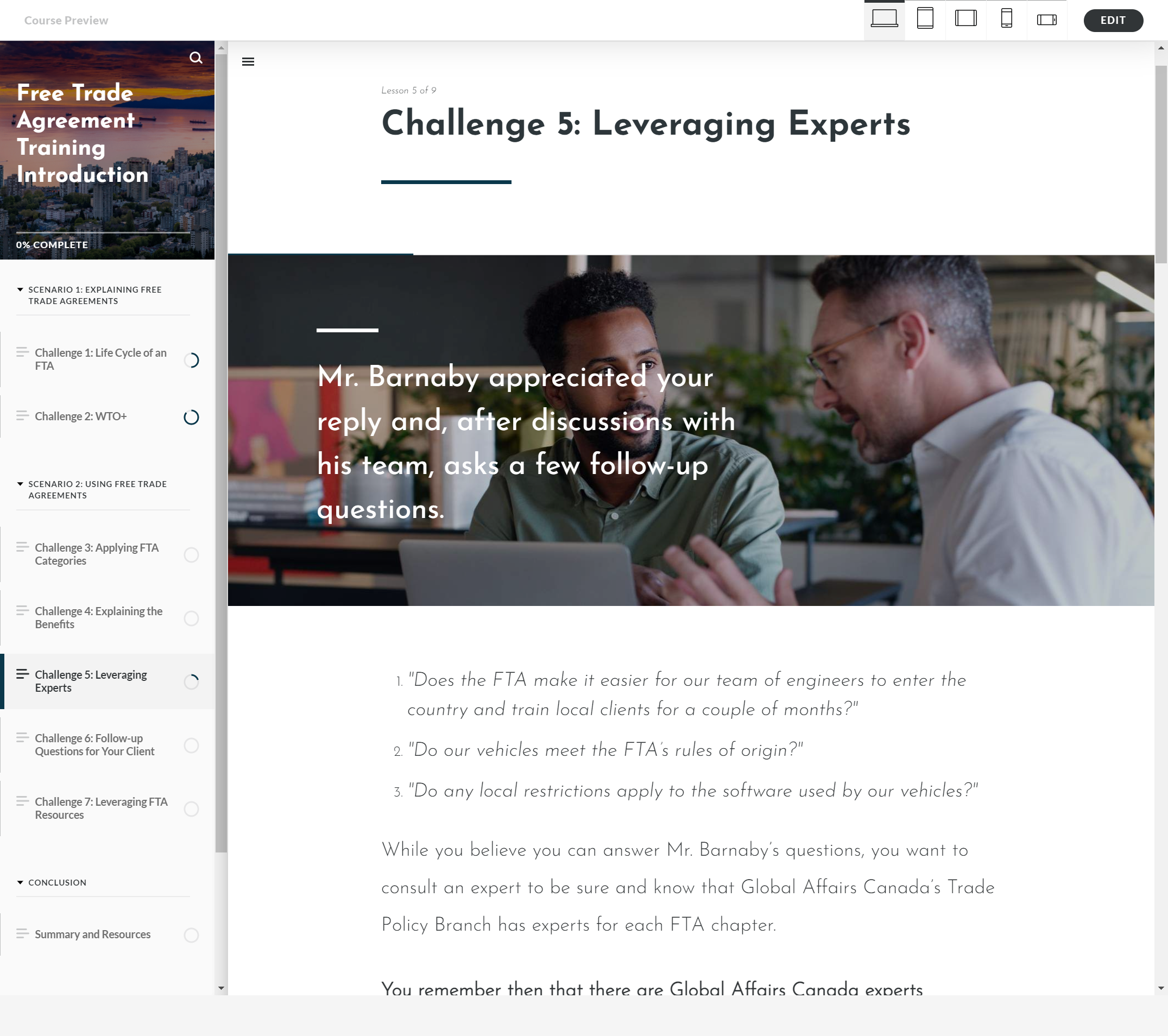 A presentation slide titled "Challenge 5: Leveraging Experts" featuring two men in a discussion, with one of them gesturing with his hand. A background of an office environment and a laptop is visible.