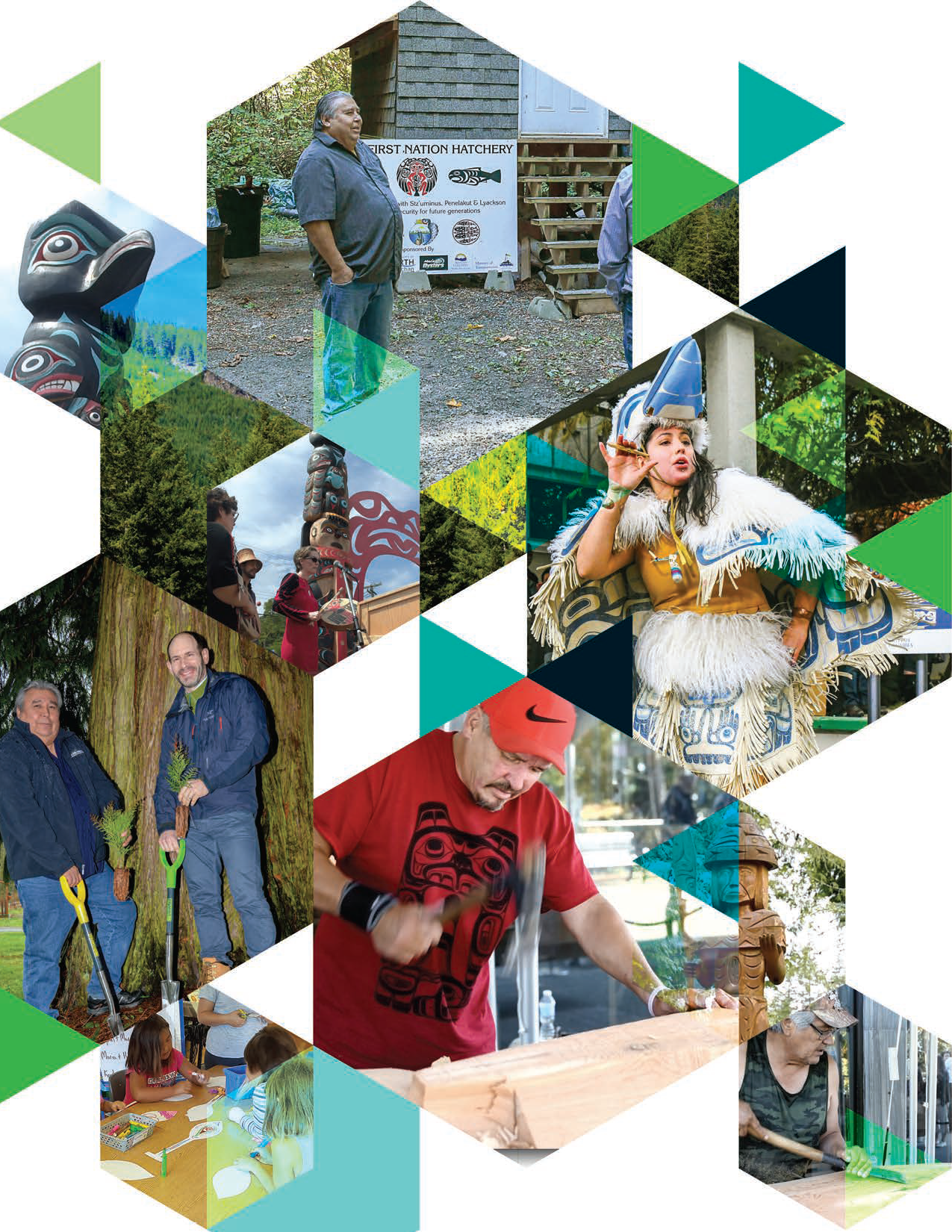 Collage of people participating in Indigenous cultural activities, pottery, woodworking, outdoor ceremonies, and children engaging in arts and crafts, with totem poles and Indigenous symbols.