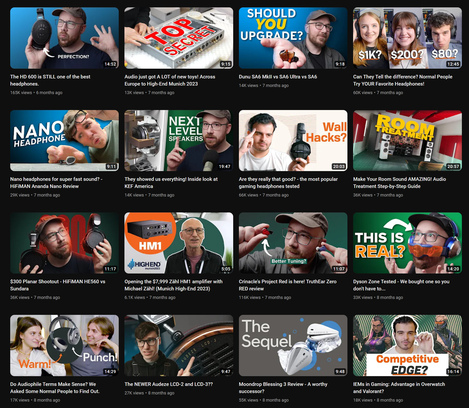 Collage of YouTube video thumbnails focusing on headphones, audio equipment, and tech reviews, including titles about headphone comparisons, reviews, upgrades, and audio gear.