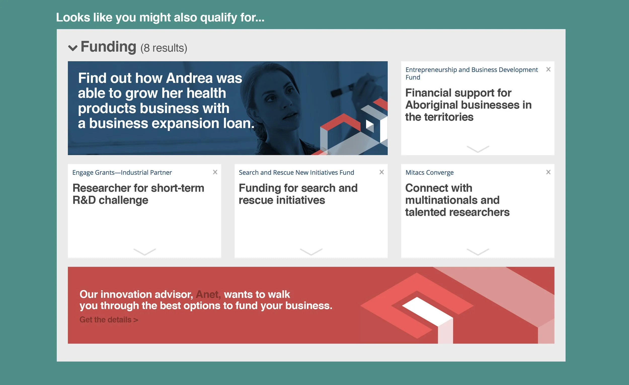 A webpage displaying funding options for businesses, including sections for health product business loans, Aboriginal business support, research and rescue initiatives, and connecting with multinational researchers, with a red call-to-action area at 