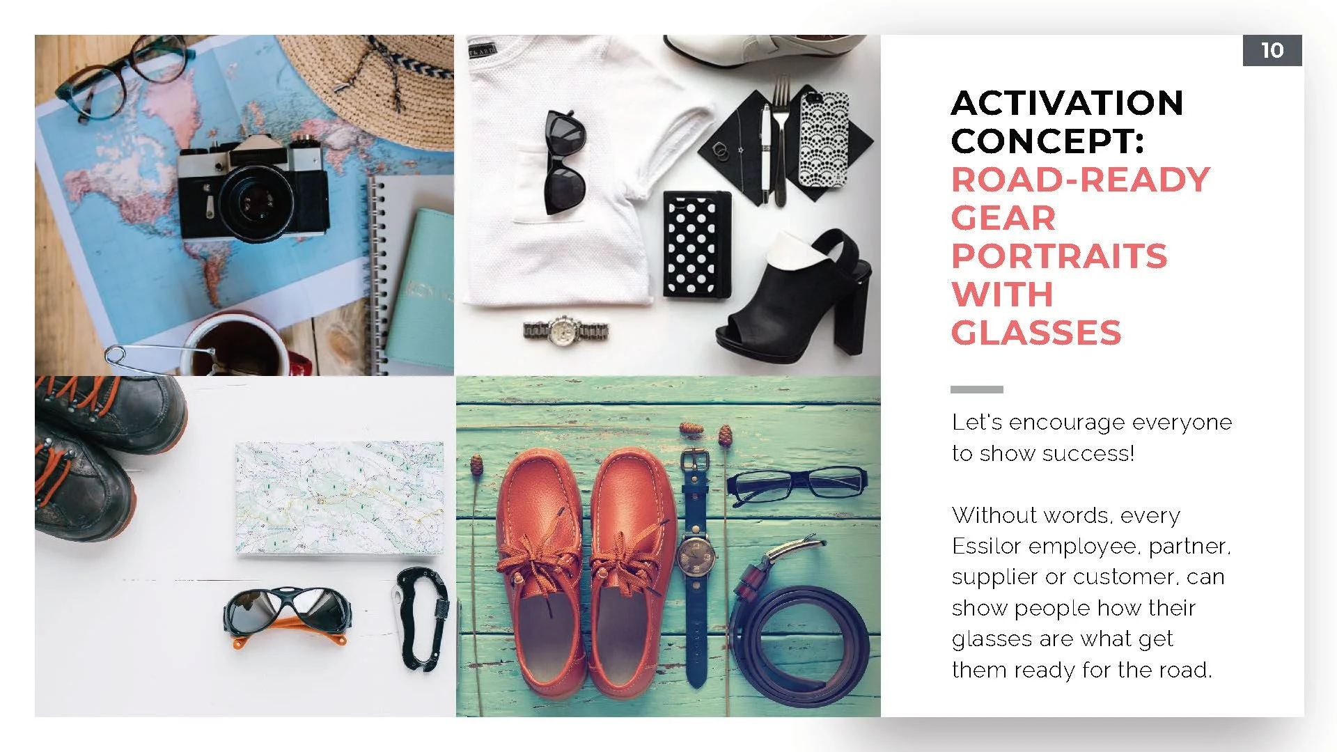 A collage of four images illustrating travel gear and accessories for a road trip. Top left shows sunglasses, a camera on a map, a notebook, and a straw hat. Top right displays a white shirt, black and white patterned wallet, black high-heeled shoe, 