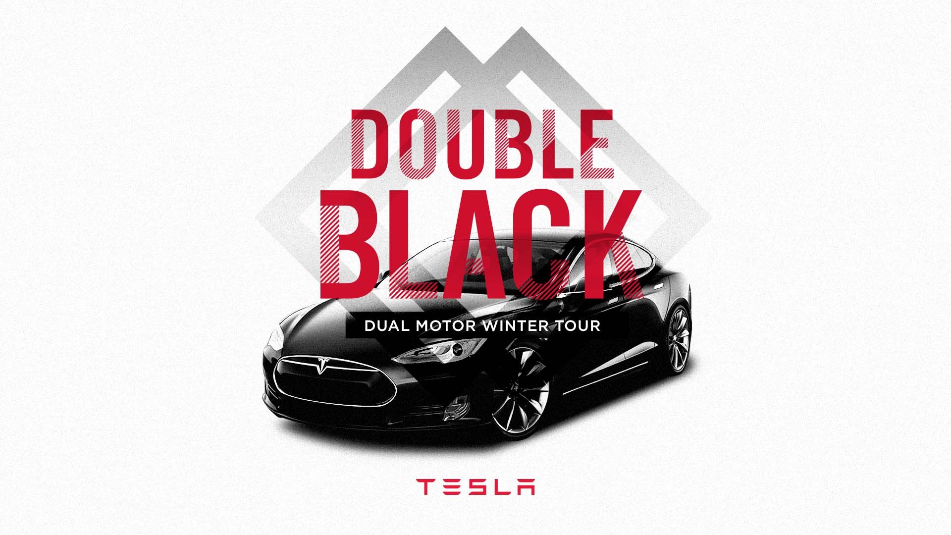 A black Tesla car with the text 'DOUBLE BLACK' and 'DUAL MOTOR WINTER TOUR' overlayed, along with the Tesla logo at the bottom.