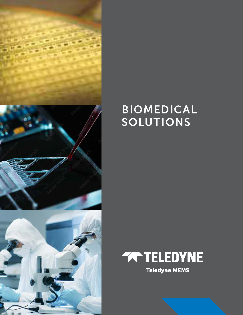 Cover image for biomedical solutions brochure showing close-up of a microchip, laboratory technician testing a device, and scientists in PPE using microscopes.