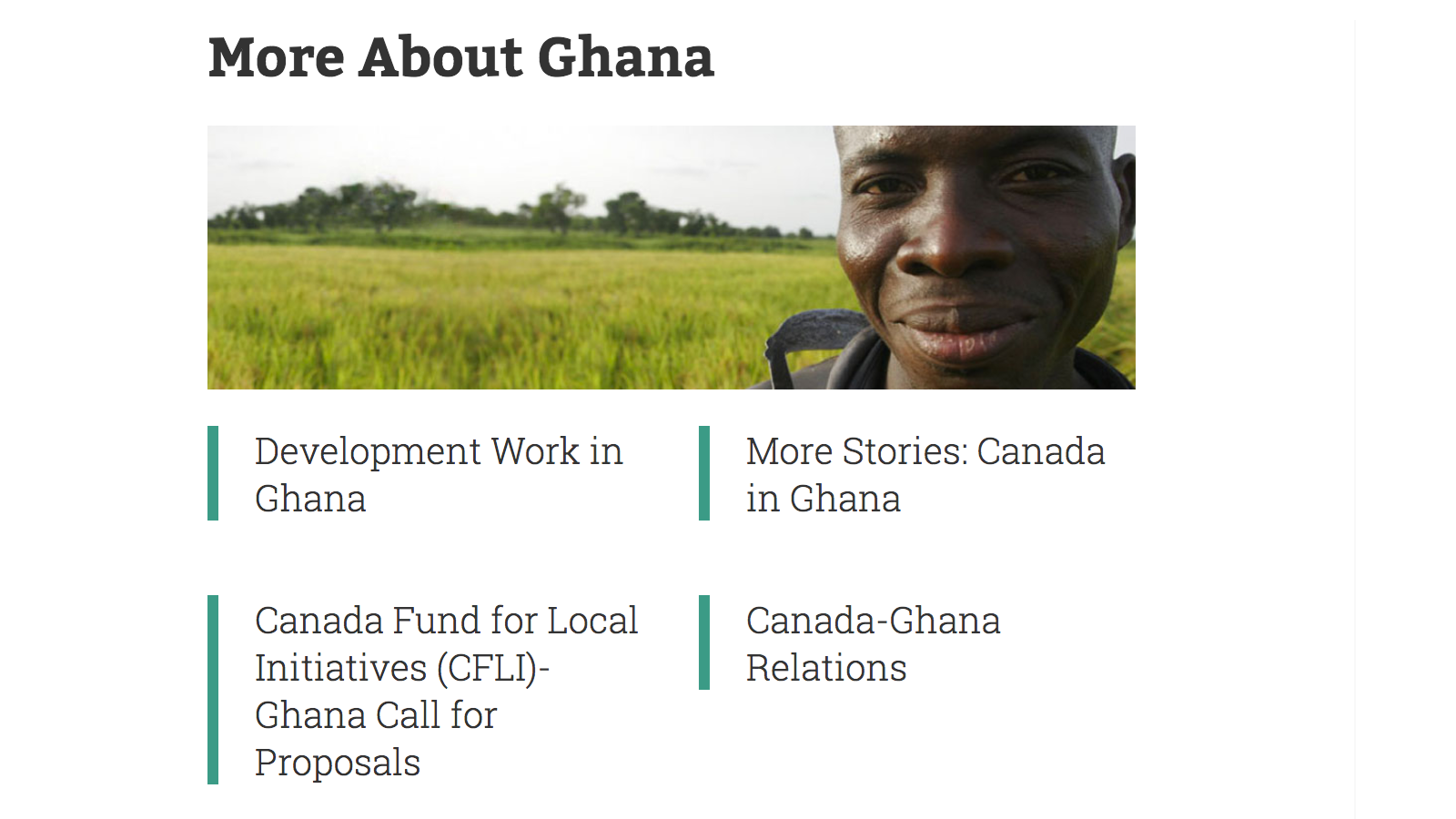 A webpage titled "More About Ghana" features a photo of a smiling man outdoors with a green field and trees in the background. Below, there are four links related to Ghana: Development Work in Ghana, More Stories: Canada in Ghana, Canada Fund for Loc