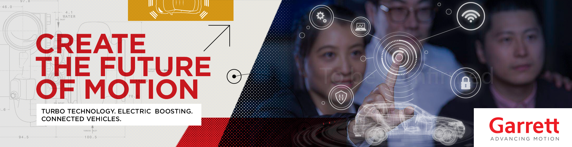 A group of young professionals observing a digital interface of a connected vehicle with icons representing technology features such as Wi-Fi, security, and settings. The background includes technical drawings and a promotional message about creating