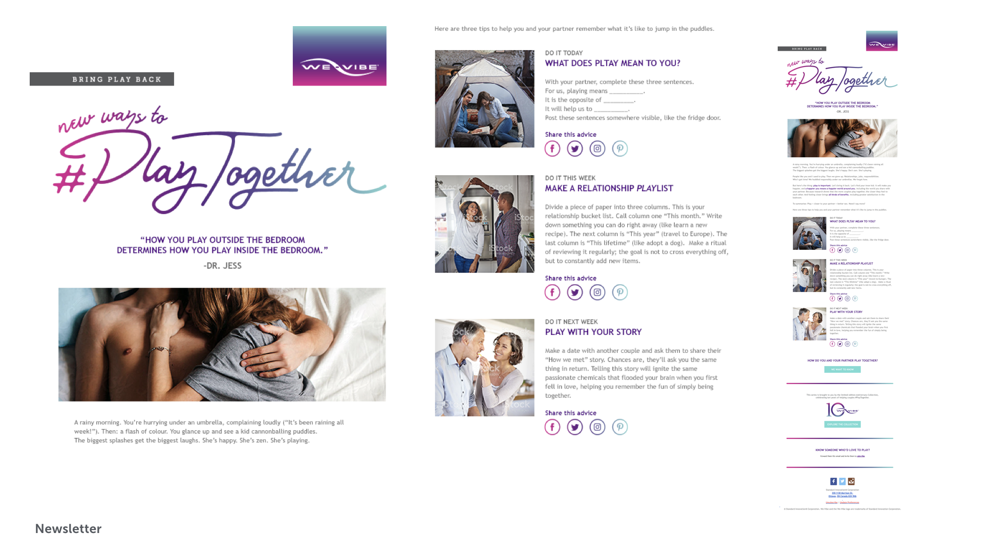A newsletter titled 'New Ways to Play Together' with images of couples and tips for relationship activities, including a quote about playing outside the bedroom versus inside, and sections with advice on relationship playlists and storytelling.