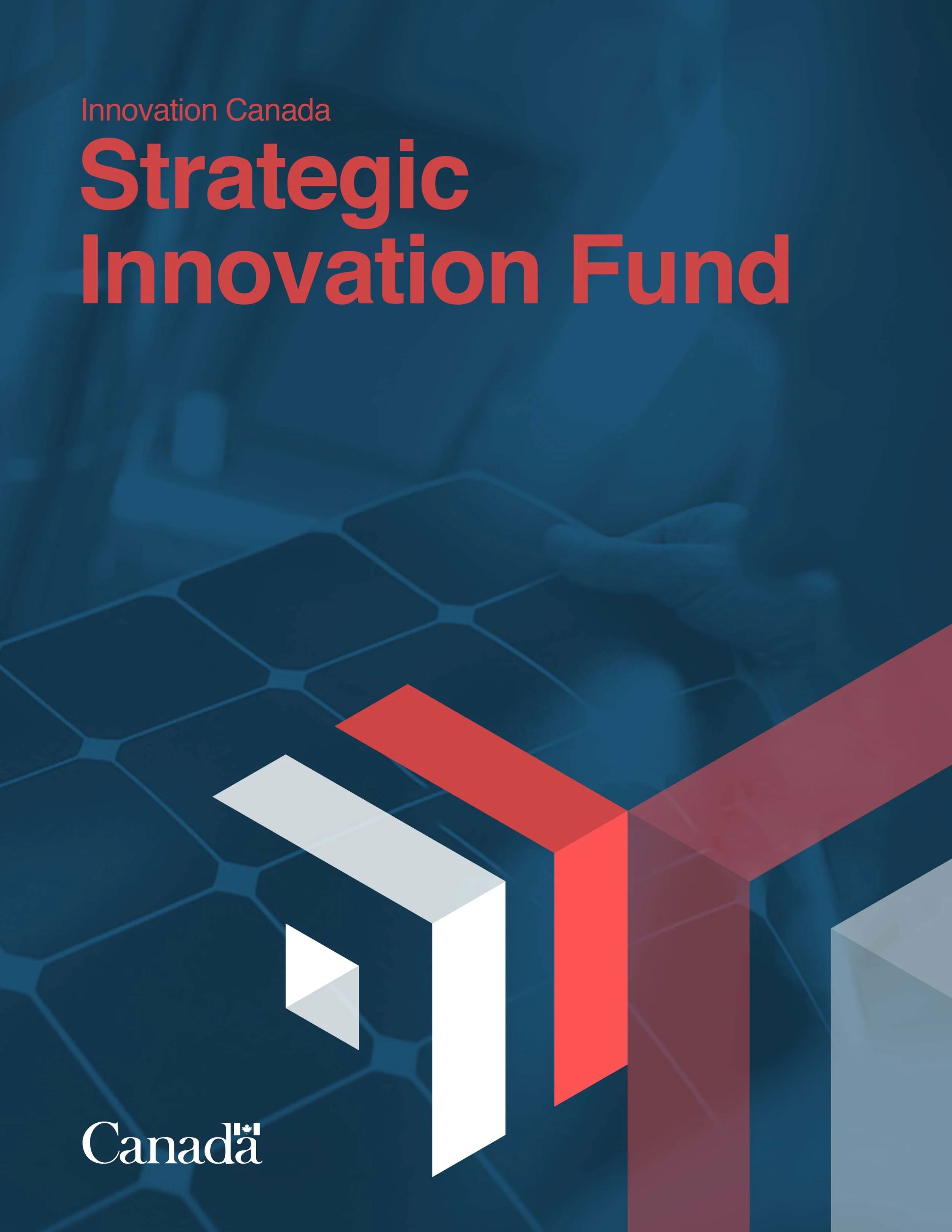 Cover page of the Strategic Innovation Fund by Innovation Canada, featuring a dark blue background with geometric shapes and the Canadian government logo.