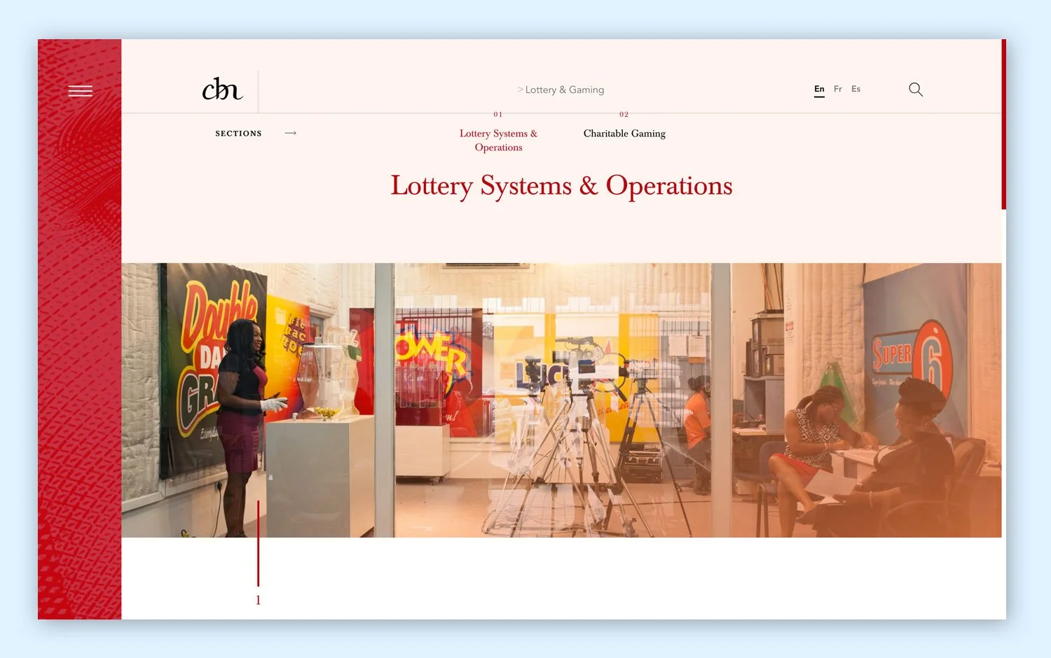 Screenshot of a webpage titled 'Lottery Systems & Operations' with cameras set up and people working inside a room related to lottery or gaming.
