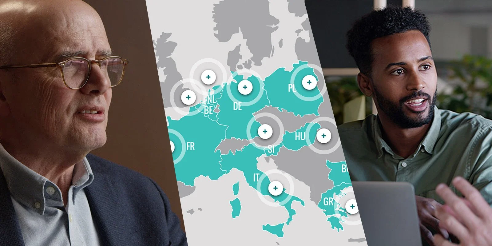 Split-screen image with an older man in glasses and a suit on the left, a map of Europe with highlighted countries in the center, and a young man with a beard and casual shirt using a laptop on the right.