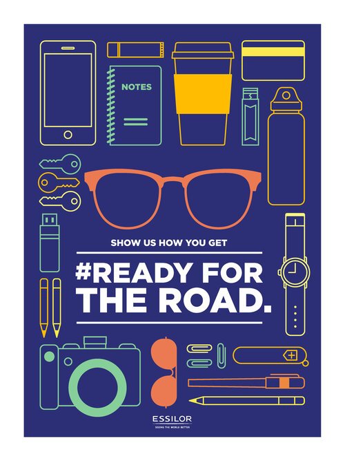 Collection of travel and photography accessories including a smartphone, notebook, coffee cup, credit card, water bottle, keys, USB drive, pens, camera, sunglasses, watch, and a pen.