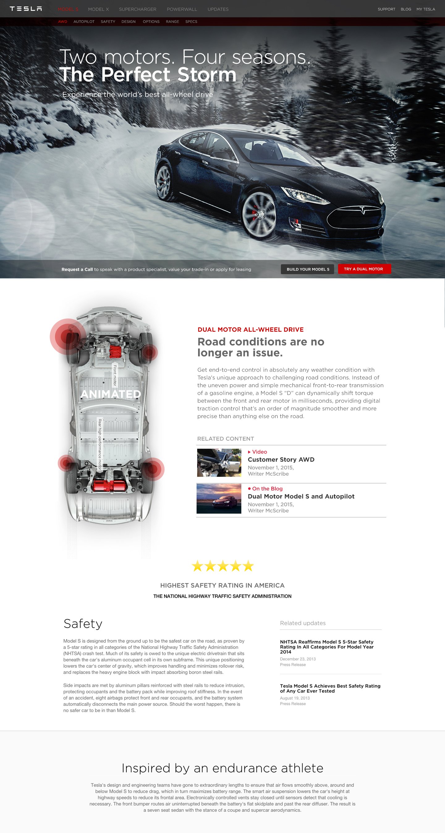 Tesla Model S electric car driving on a snowy road surrounded by trees, with promotional text about dual motor all-wheel drive and safety features.