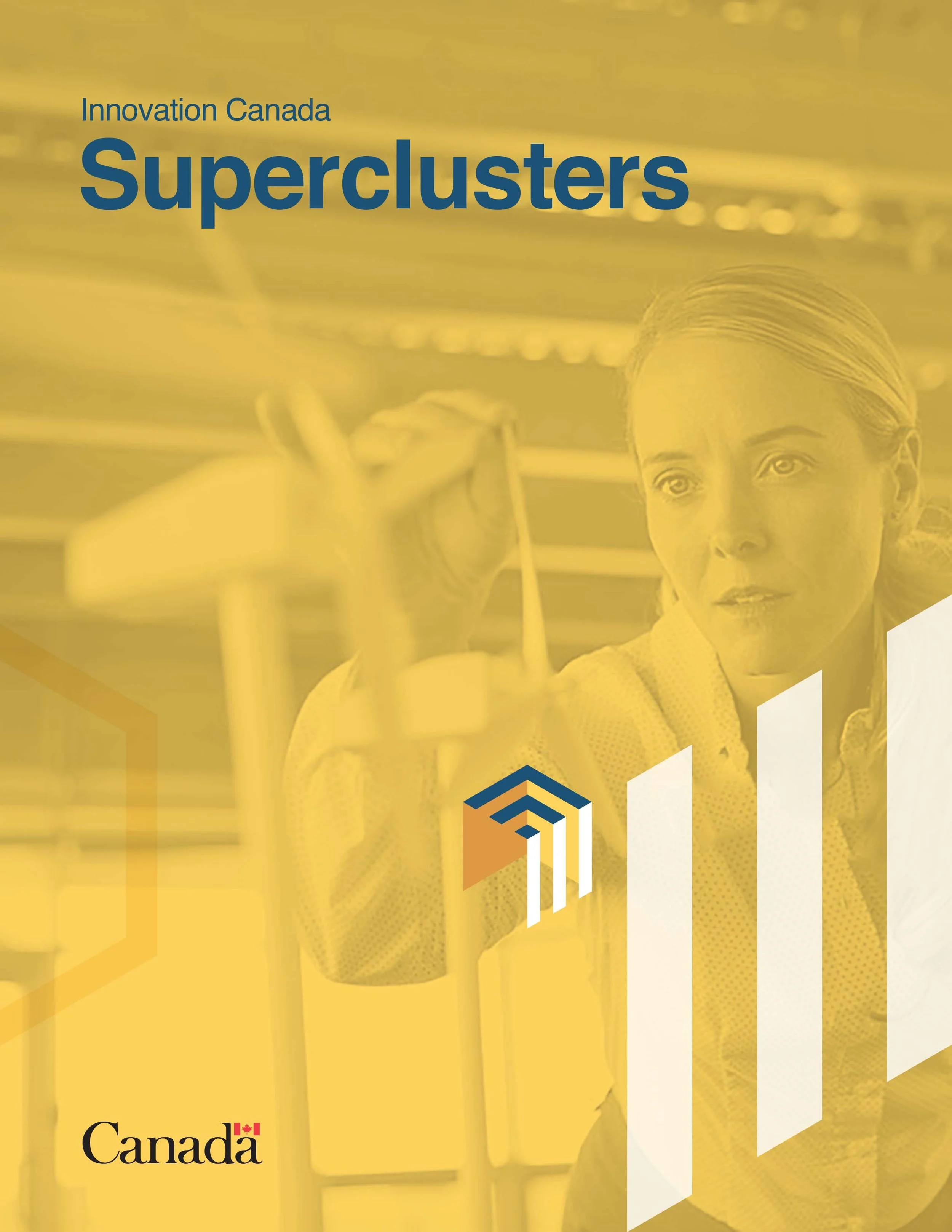 Cover page of a report titled 'Superclusters' by Innovation Canada, Canada, with a woman working on a scientific or technological project.