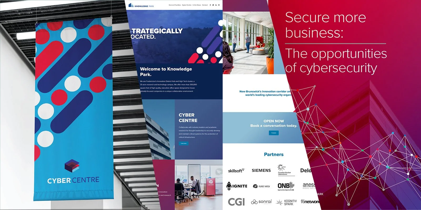 Collection of banners and posters promoting cybersecurity, innovation, and high-tech research organizations, including a blue banner with geometric shapes and the text 'CYBER CENTRE', a cityscape in the background, and a red banner with the text 'Secure more business: The opportunities of cybersecurity' alongside network graphics.