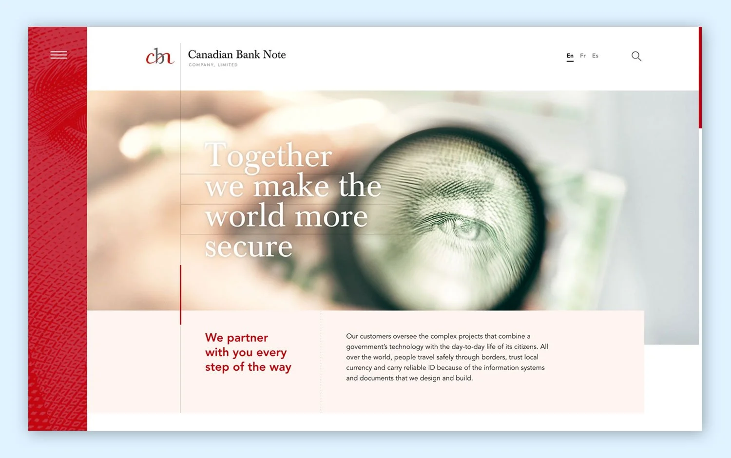 Screenshot of the Canadian Bank Note website homepage with a magnifying glass focusing on a banknote, overlay text stating 'Together we make the world more secure,' and red accents on the left side.