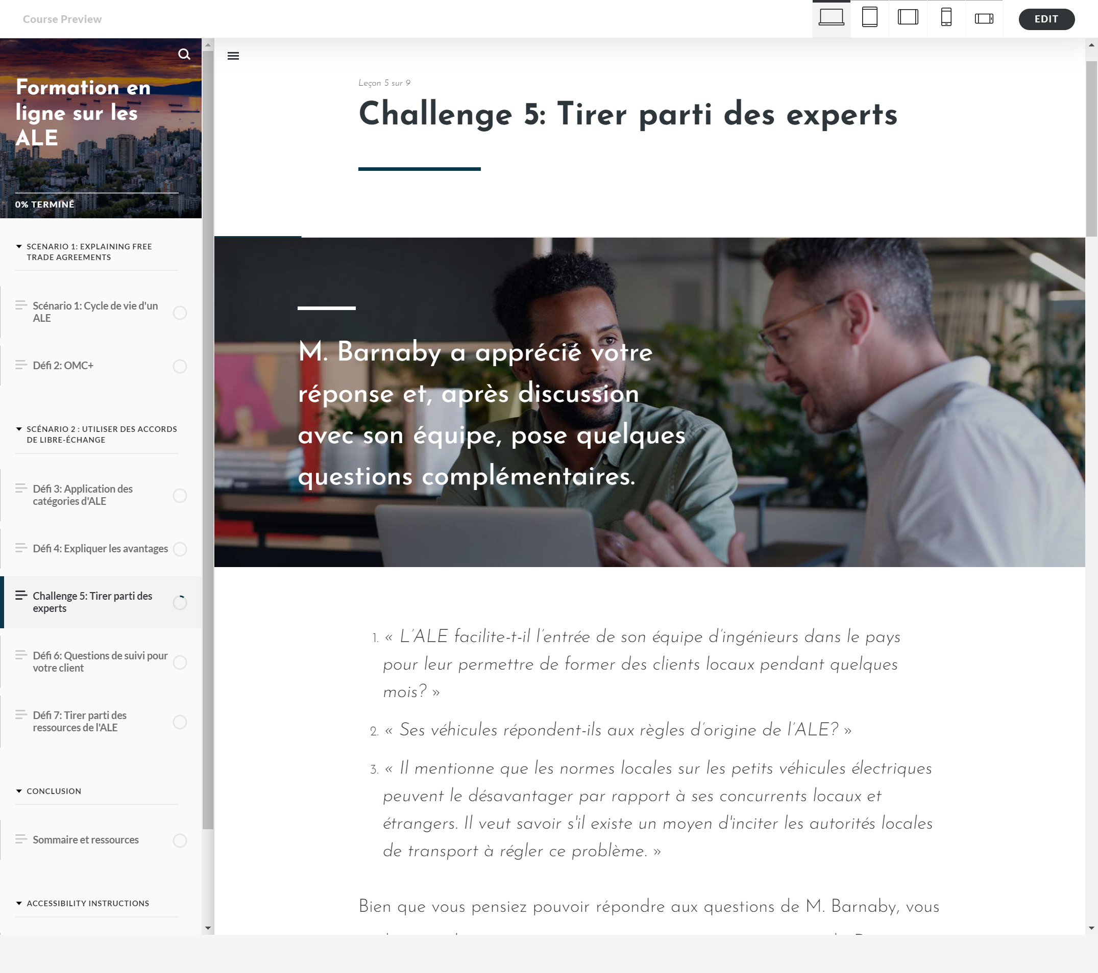 Slide from a presentation titled 'Challenge 5: Tirer parti des experts', showing a discussion between two men in an office setting, with French text overlaid.