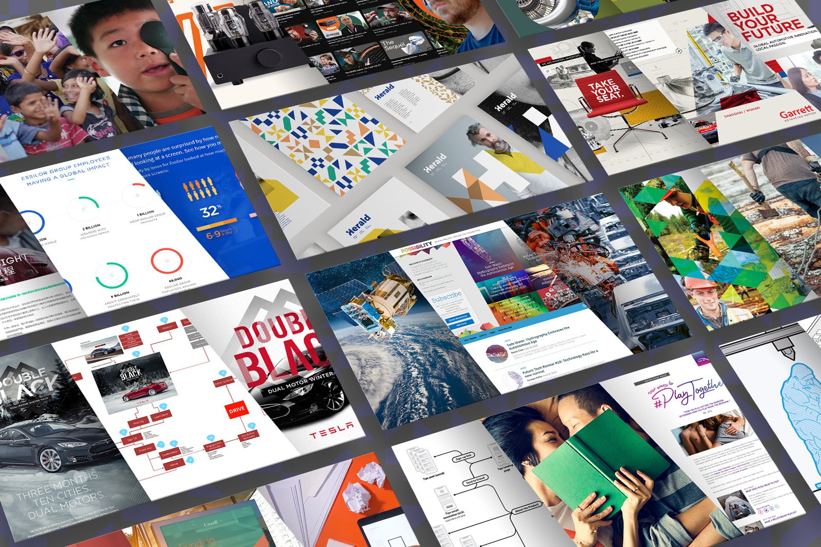 Collage of various colorful magazine and presentation layouts, including charts, infographics, and photographs of children, technology, space, and cars.