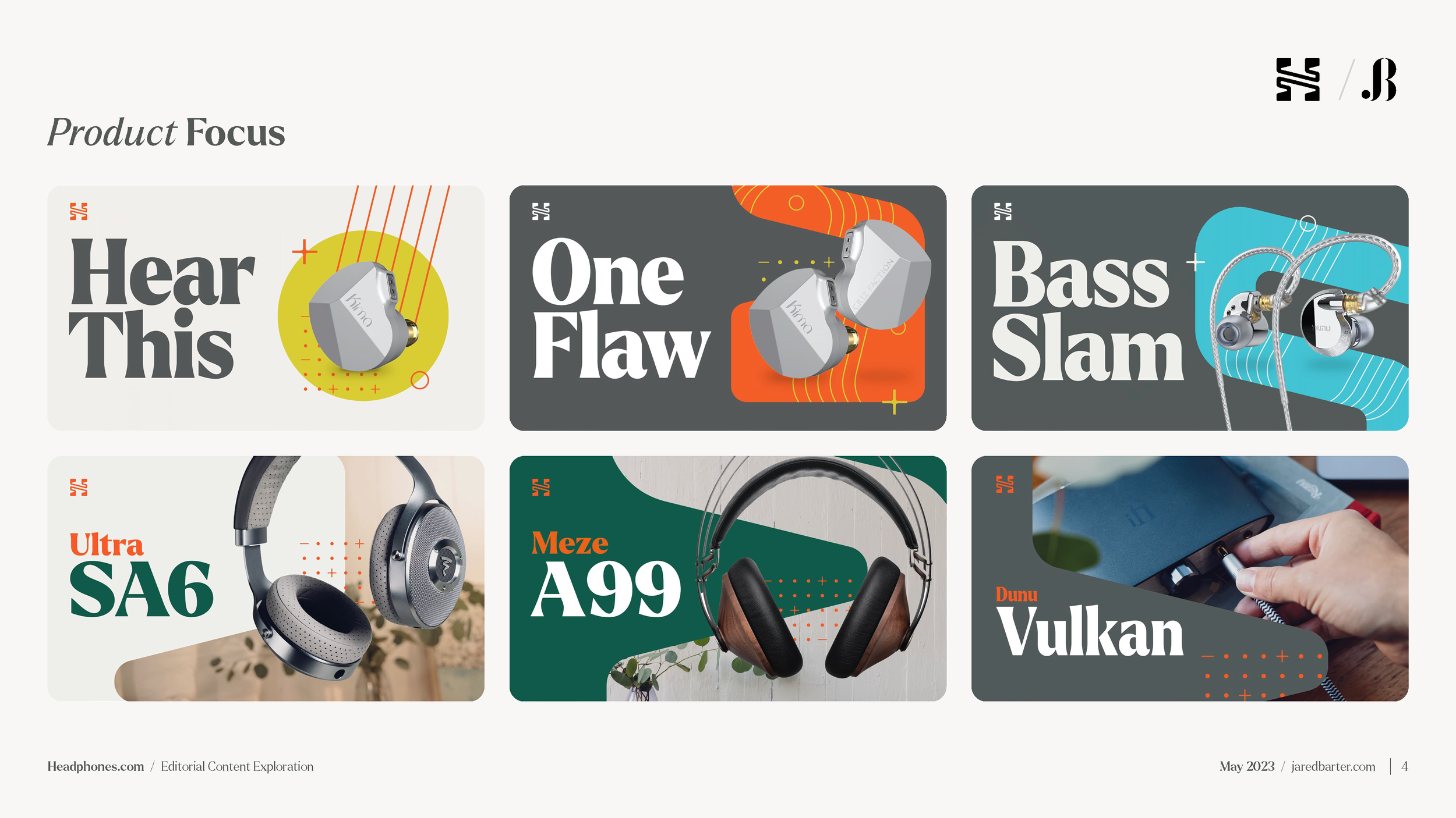 Collage of six images of different headphones and earphones, each with a label and colorful graphic background, highlighting audio quality and design features for a product review.