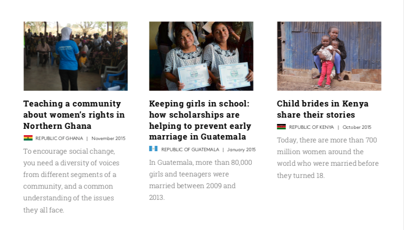 Three columns with images and text about social issues in different countries. The first shows a meeting about women's rights in Northern Ghana, the second shows two girls receiving certificates in Guatemala, and the third shows a woman holding a chi