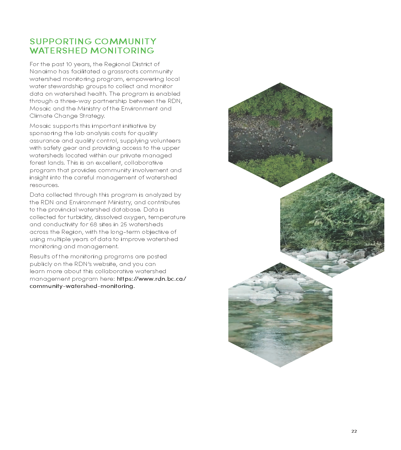 Text explains community watershed monitoring program supported by the Regional District of Nanaimo, with images of a river, forest, and rocks in a watershed area.