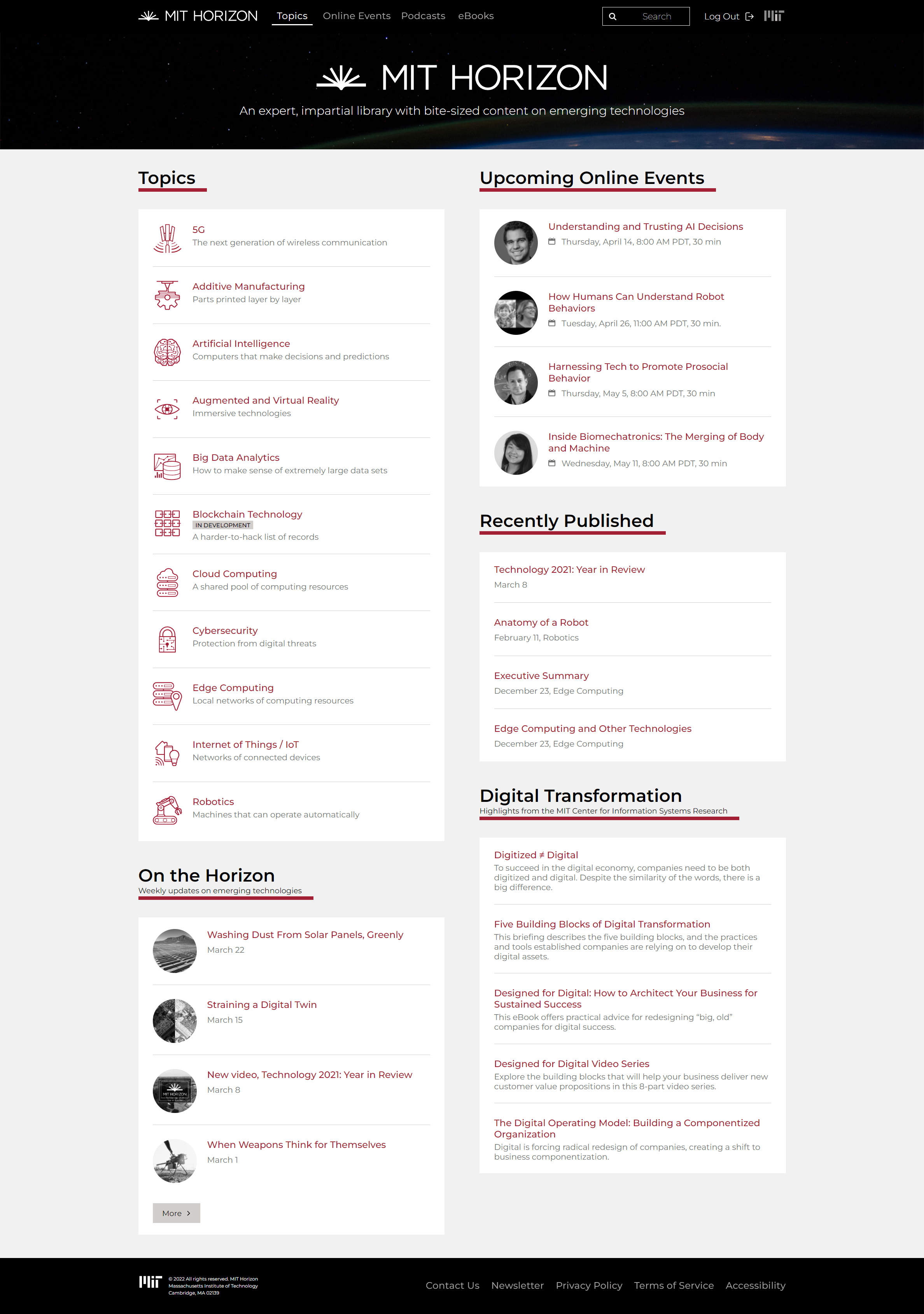 Screenshot of the MIT Horizon website featuring topics in emerging technologies, upcoming online events, recent publications, and updates on digital transformation.