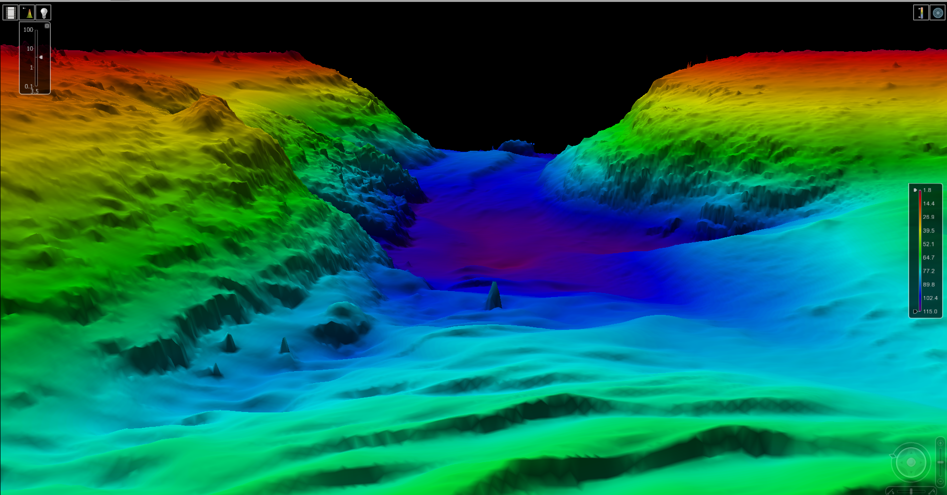 Colorful 3D topographic map of a valley with mountains on both sides, depicted in shades of blue, green, yellow, and red, showing elevation differences.