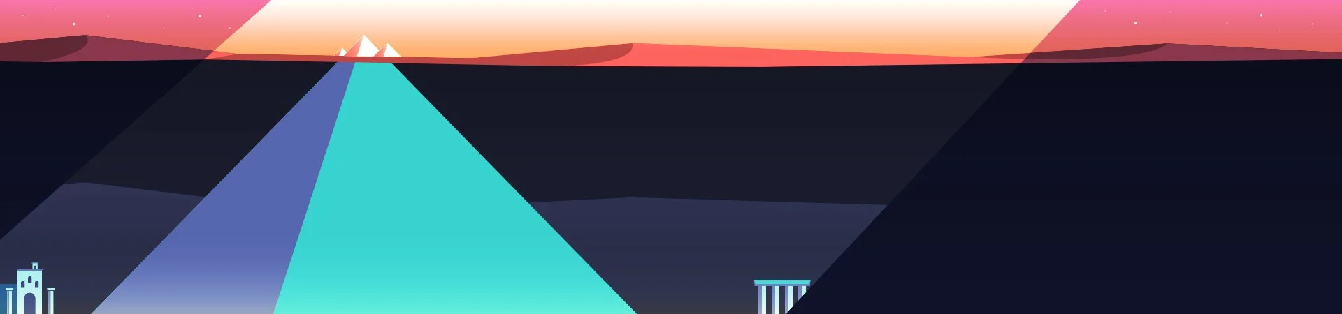 A stylized illustration of a pyramid silo with a sunrise or sunset in the background, with mountains and a few structures nearby.