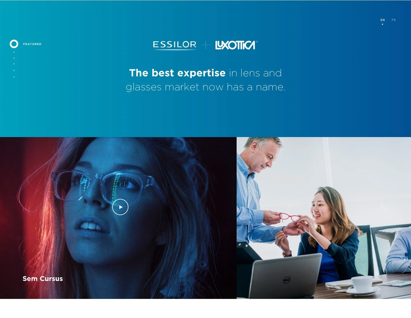A promotional webpage for a collaboration between Essilor and Luxottica with a headline about expertise in lens and glasses market, featuring images of a woman with glasses and a professional setting with two people exchanging glasses in an office.