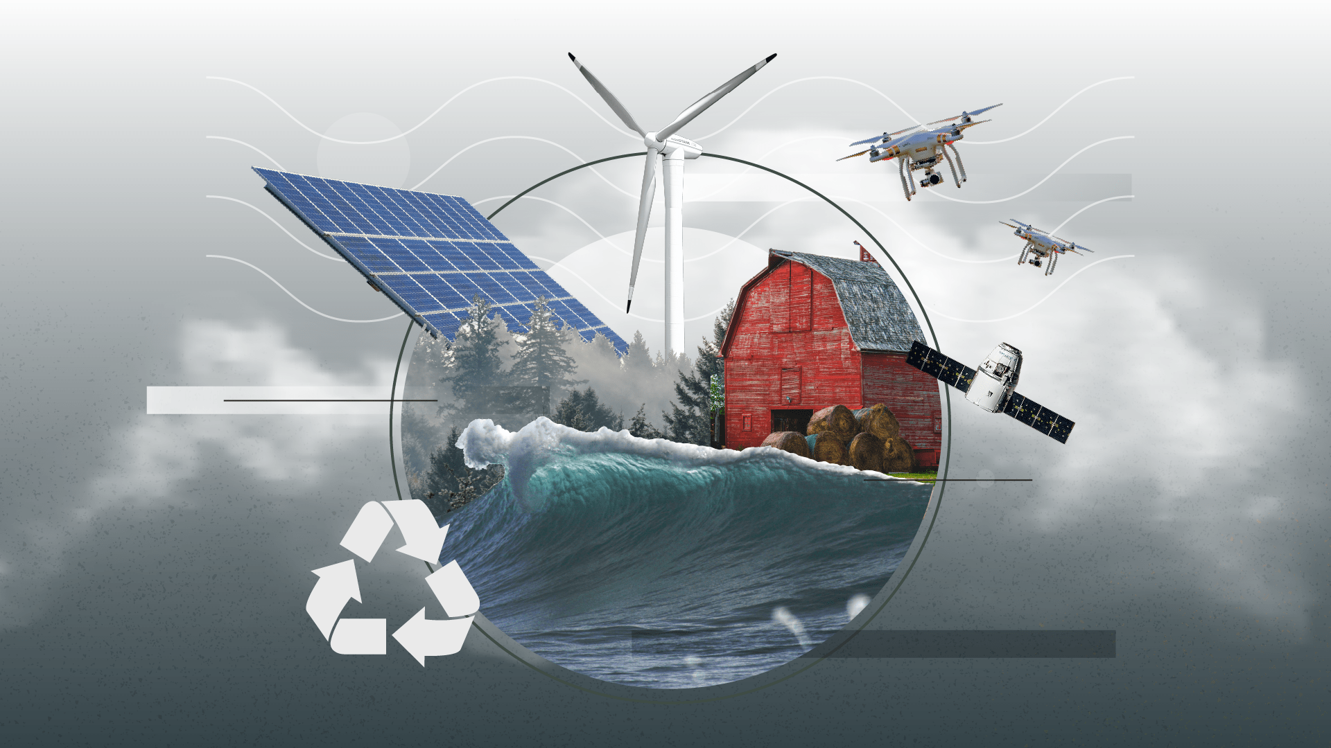 Illustration of renewable energy sources, including solar panels, wind turbine, and drones, with a farm and ocean wave in the background, surrounded by a recycling symbol.