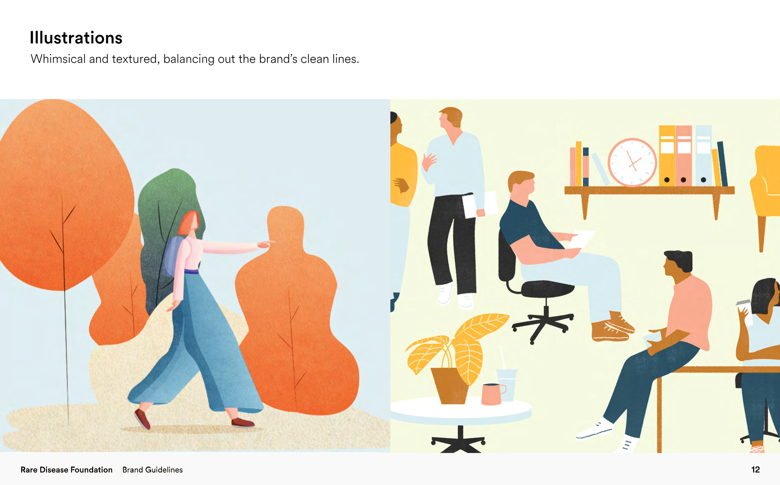 An illustration showing two distinct scenes. On the left, a woman walks outdoors among abstract orange trees, reaching out to touch a large orange silhouette of a person. She has long hair, wears a pink top and blue pants, and carries a backpack. On 