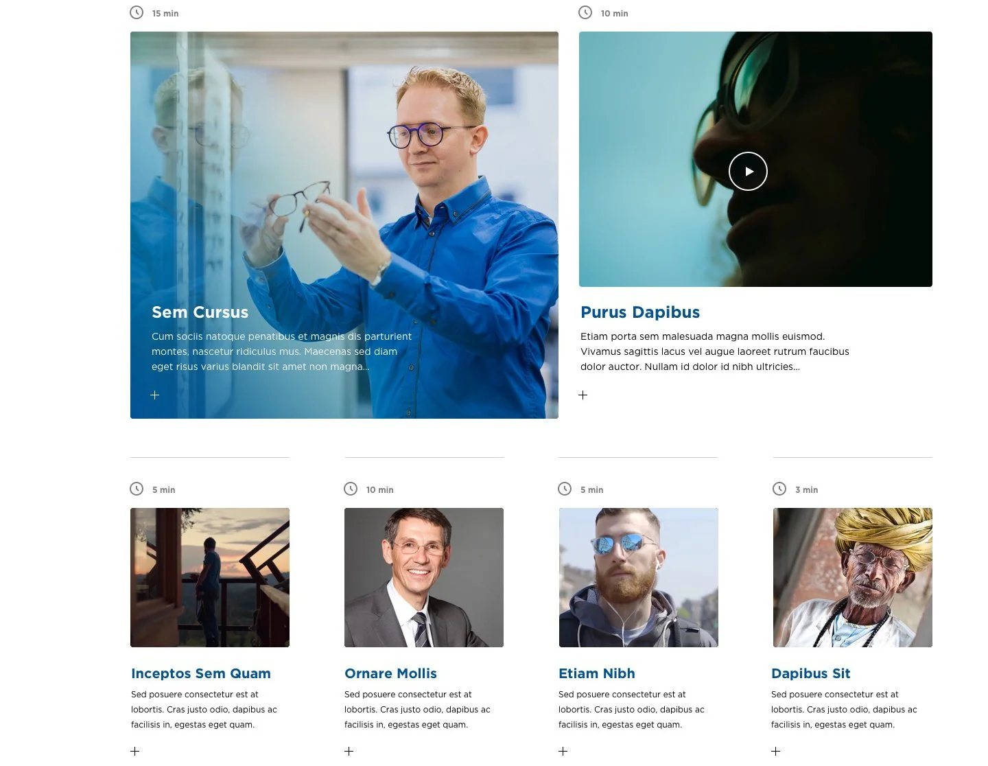 A webpage layout with six sections showing different people, each with a photo, a time estimate, and text. The top left section shows a man in glasses examining a pair of glasses with a blue shirt, labeled 'Sem Cursus'. The top right shows a silhouet