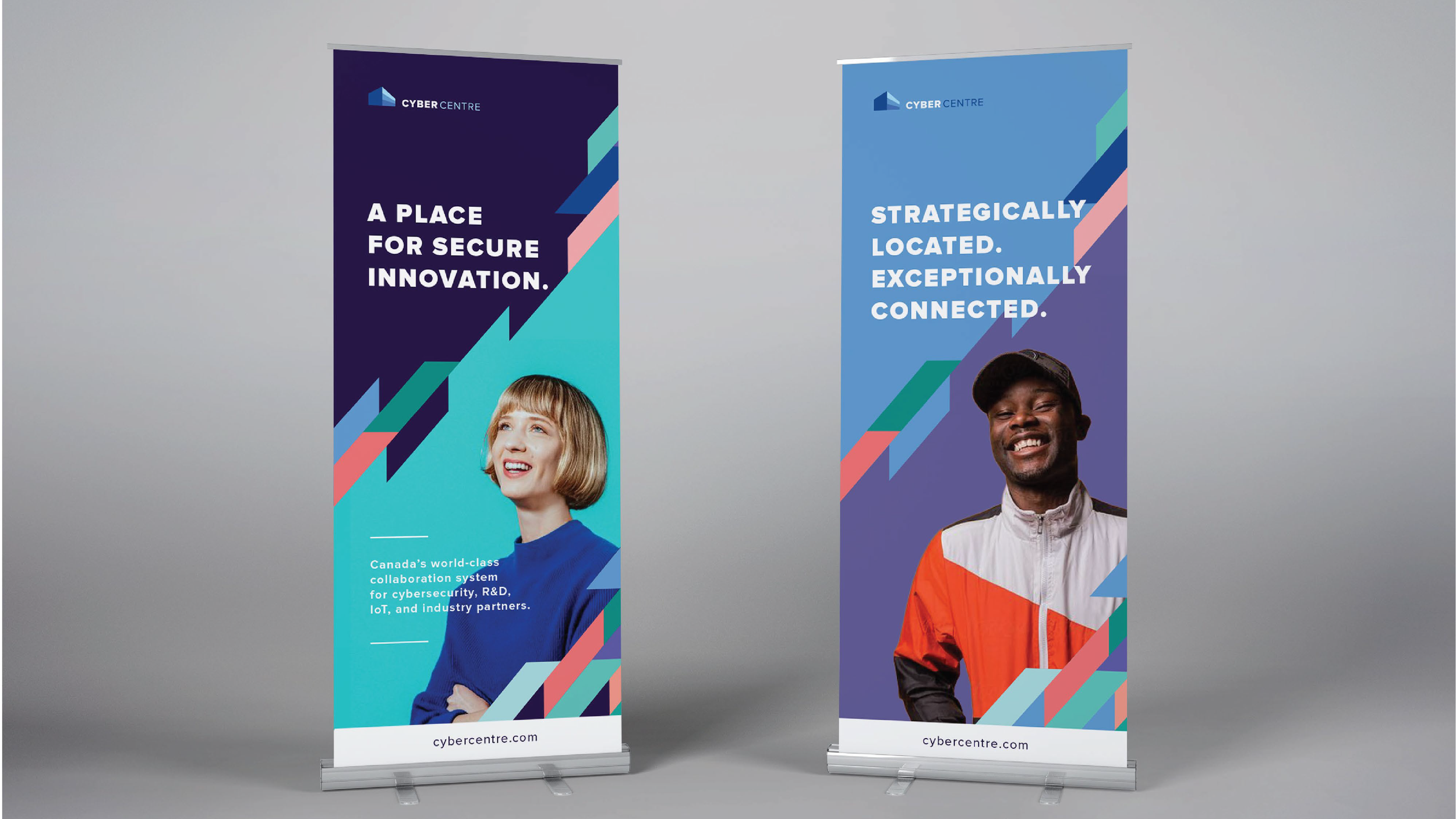Two vertical banners for Cyber Centre with motivational text and images of smiling young individuals, one woman and one man, on a gray background.