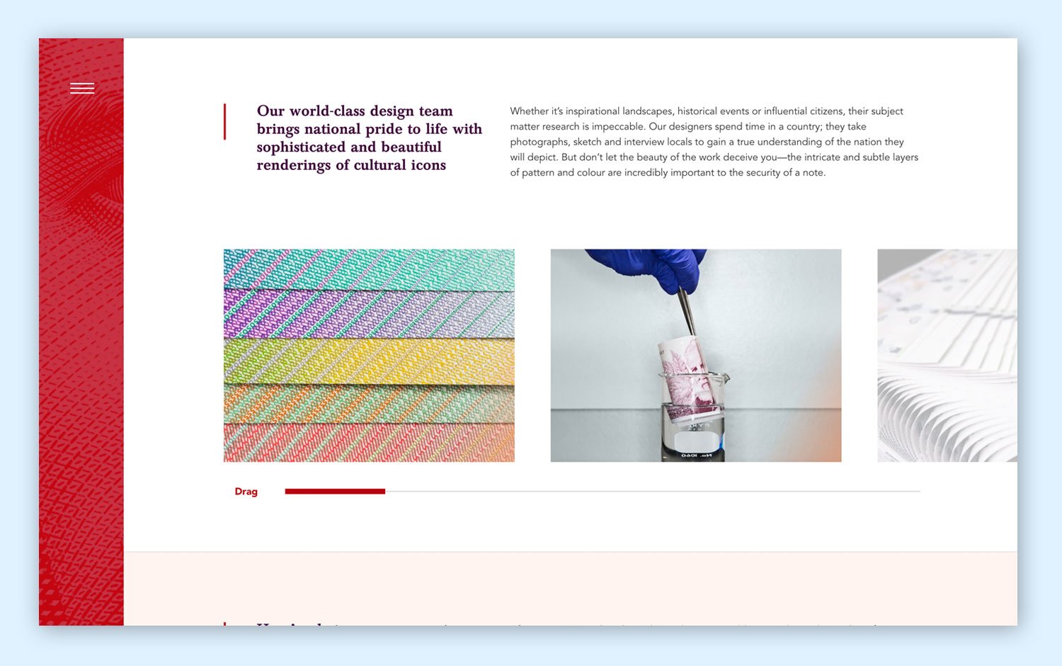 Website page with red sidebar on the left and text about a design team creating cultural icons, featuring an image of colorful patterned paper, a person wearing a glove using tweezers to handle a rolled banknote placed in a glass container, and a clo
