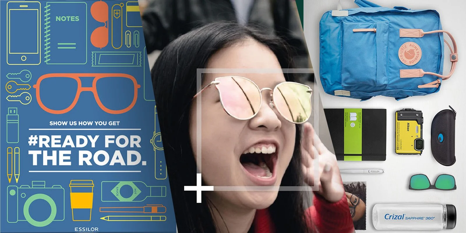 Image of a person wearing reflective sunglasses, smiling and holding their hand to their ear. The image shows various travel and camera items including a blue backpack, a Nikon camera, sunglasses, a water bottle, a notebook, a pen, a flash drive, and a cleaning cloth. There is also a graphic with the text '#READY FOR THE ROAD' and illustrations of glasses, cameras, and stationery.