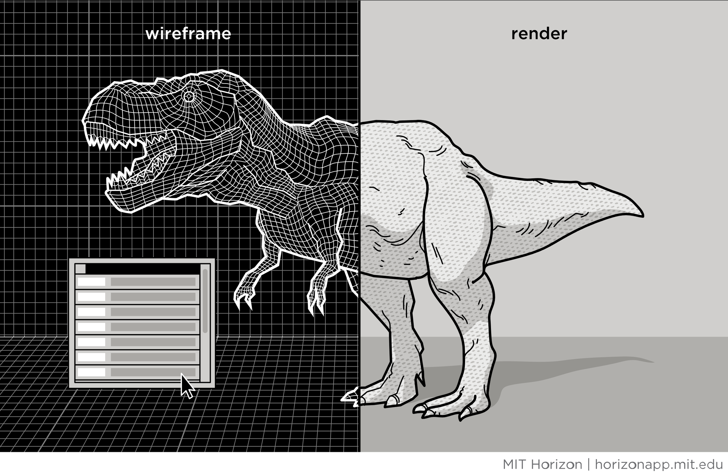 A digital illustration showing a combined view of a dinosaur's wireframe model on the left side and a rendered, detailed version on the right side, divided vertically. The wireframe section features a T-Rex head with grid lines, while the rendered se
