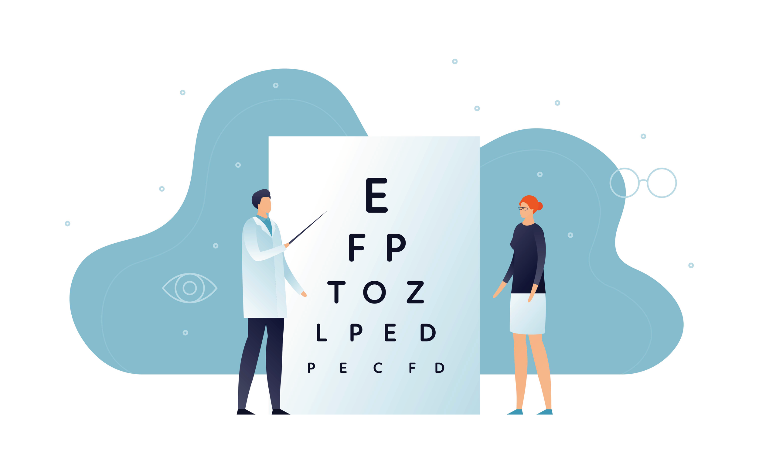 Eye doctor conducting an eye exam for a woman with eye chart
