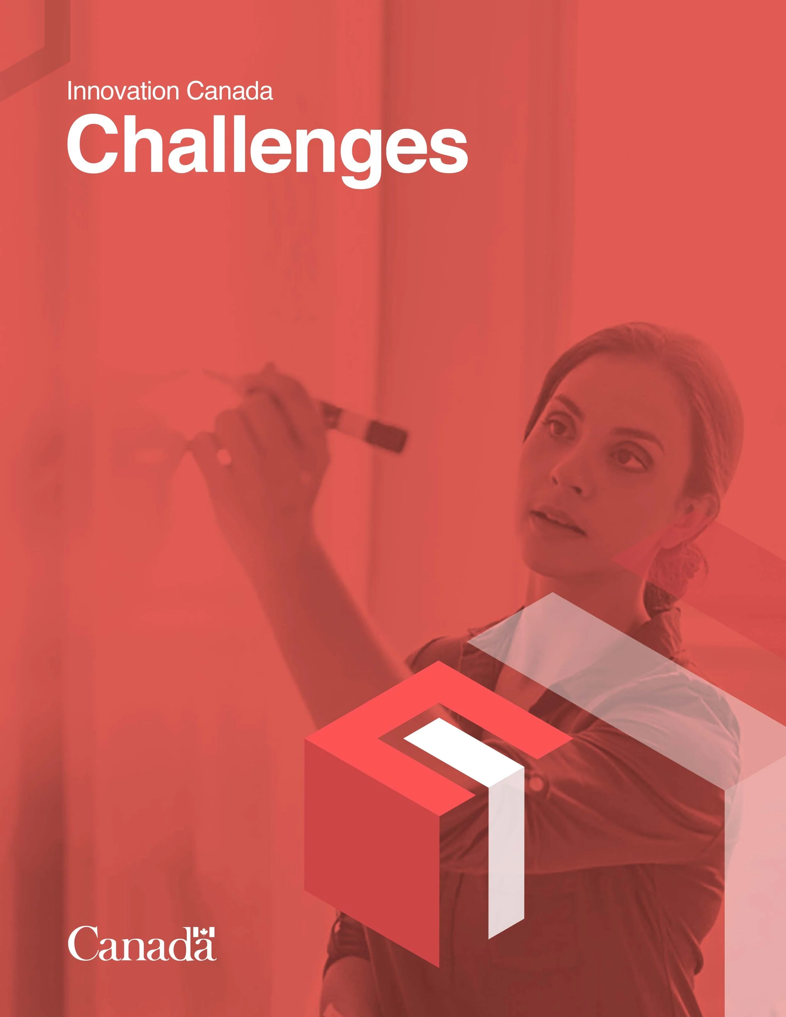 Cover of a report titled 'Challenges' by Innovation Canada, featuring a woman writing on a transparent board and a layered red geometric design with the Canada logo.