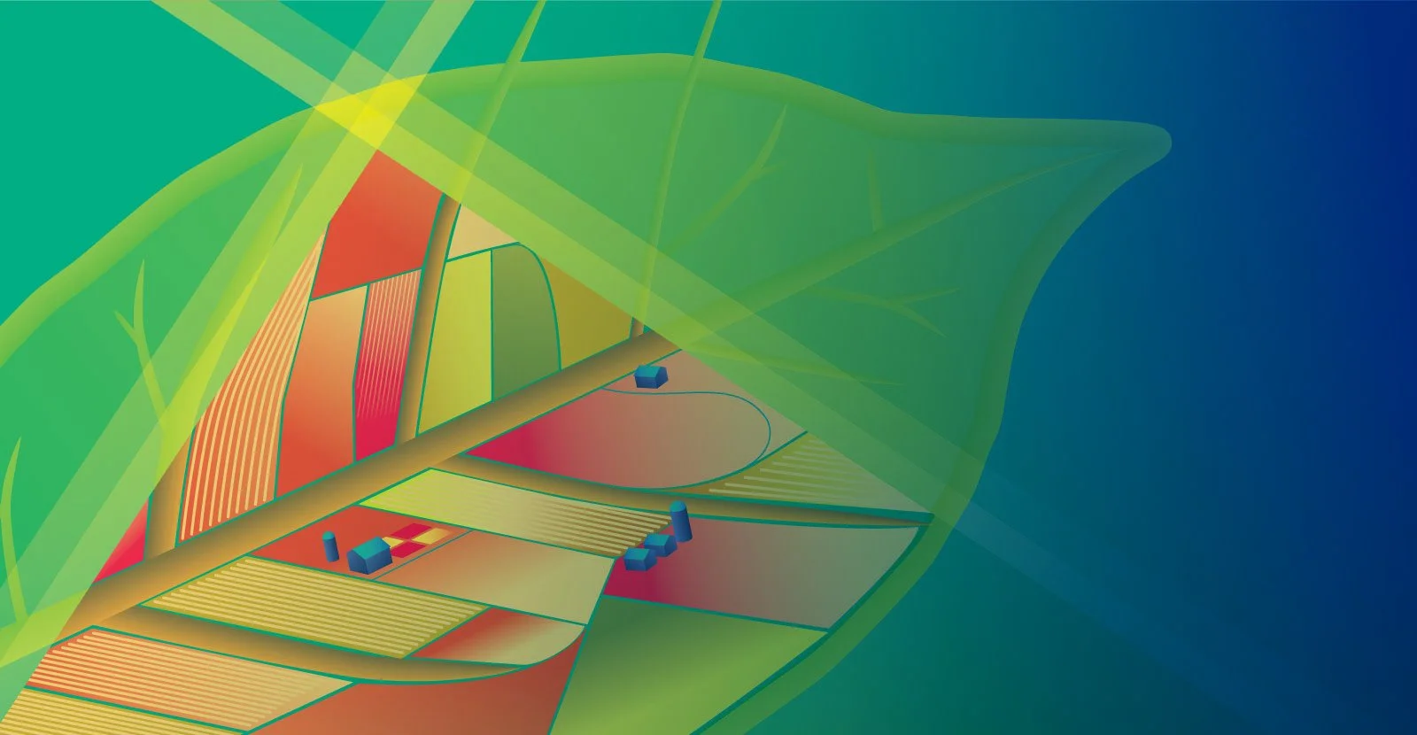 Abstract digital artwork featuring a transparent leaf with multicolored geometrical patterns and small 3D cube shapes inside, set against a blue gradient background.