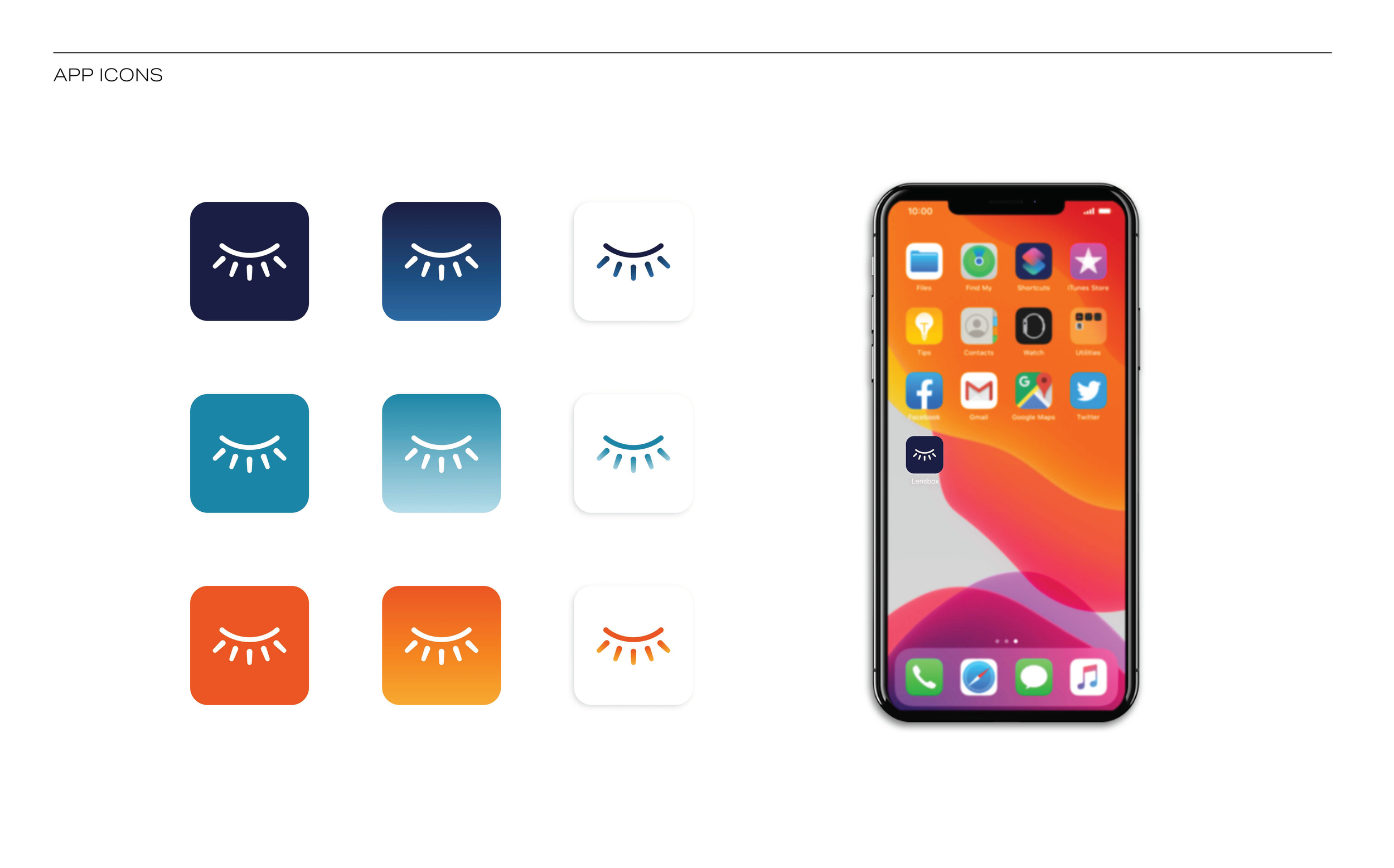 Collection of app icons with eye symbols in different colors and styles on the left, and an iPhone with a home screen showing various app icons on the right.