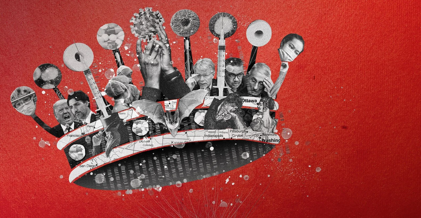A collage with various images of people showing concern, anger, and contemplation, arranged above a stylized American flag with a map of the United States in the background, and syringes or test tubes at the top, set against a red textured background